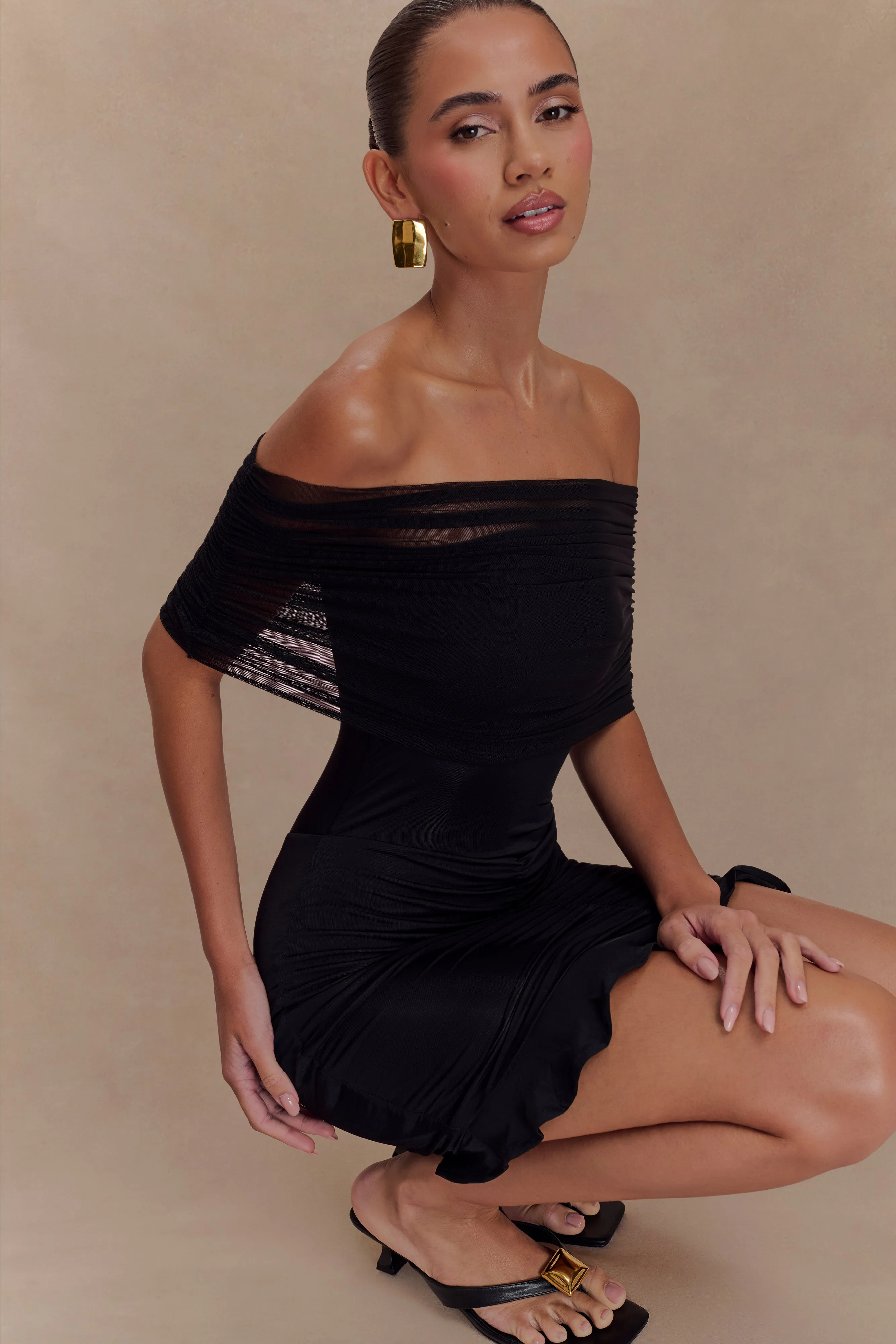 Caspian Slinky And Mesh Off Shoulder Mini Dress - Black sold by Meshki product image thumbnail 3