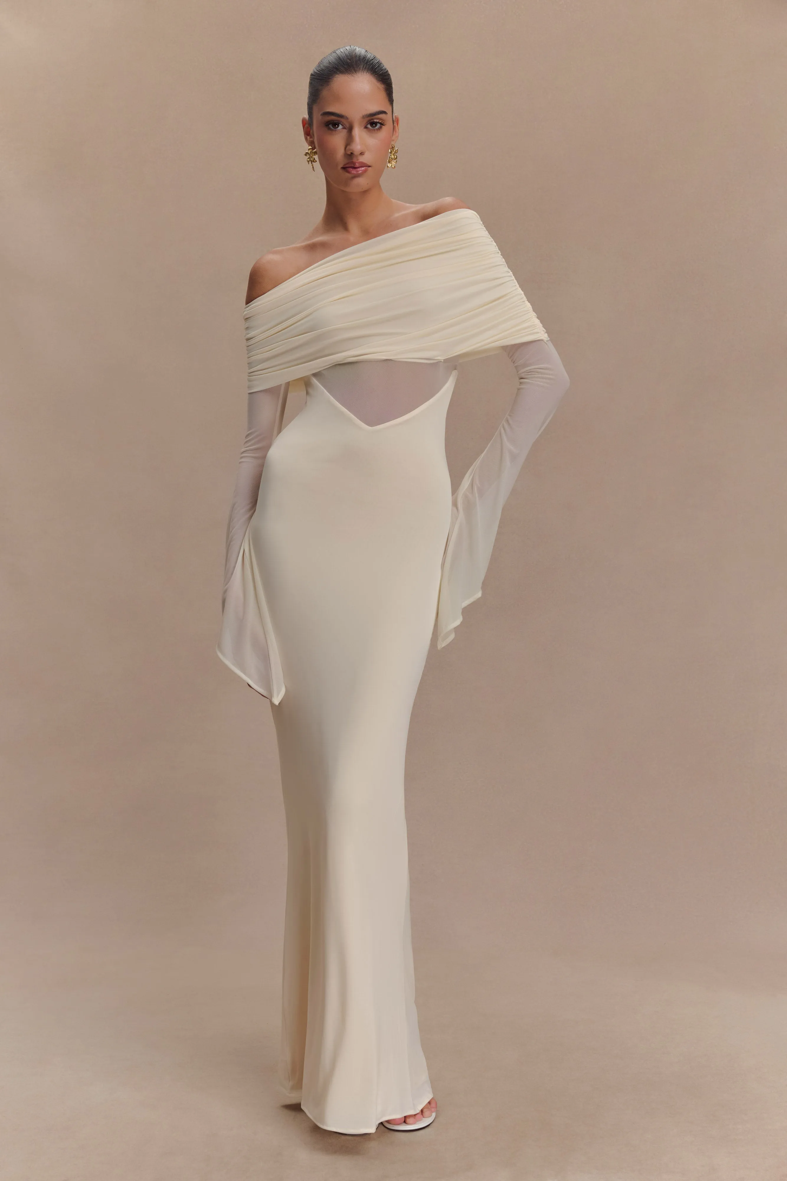 Kaitlin One Shoulder Slinky And Mesh Maxi Dress - Ivory sold by Meshki