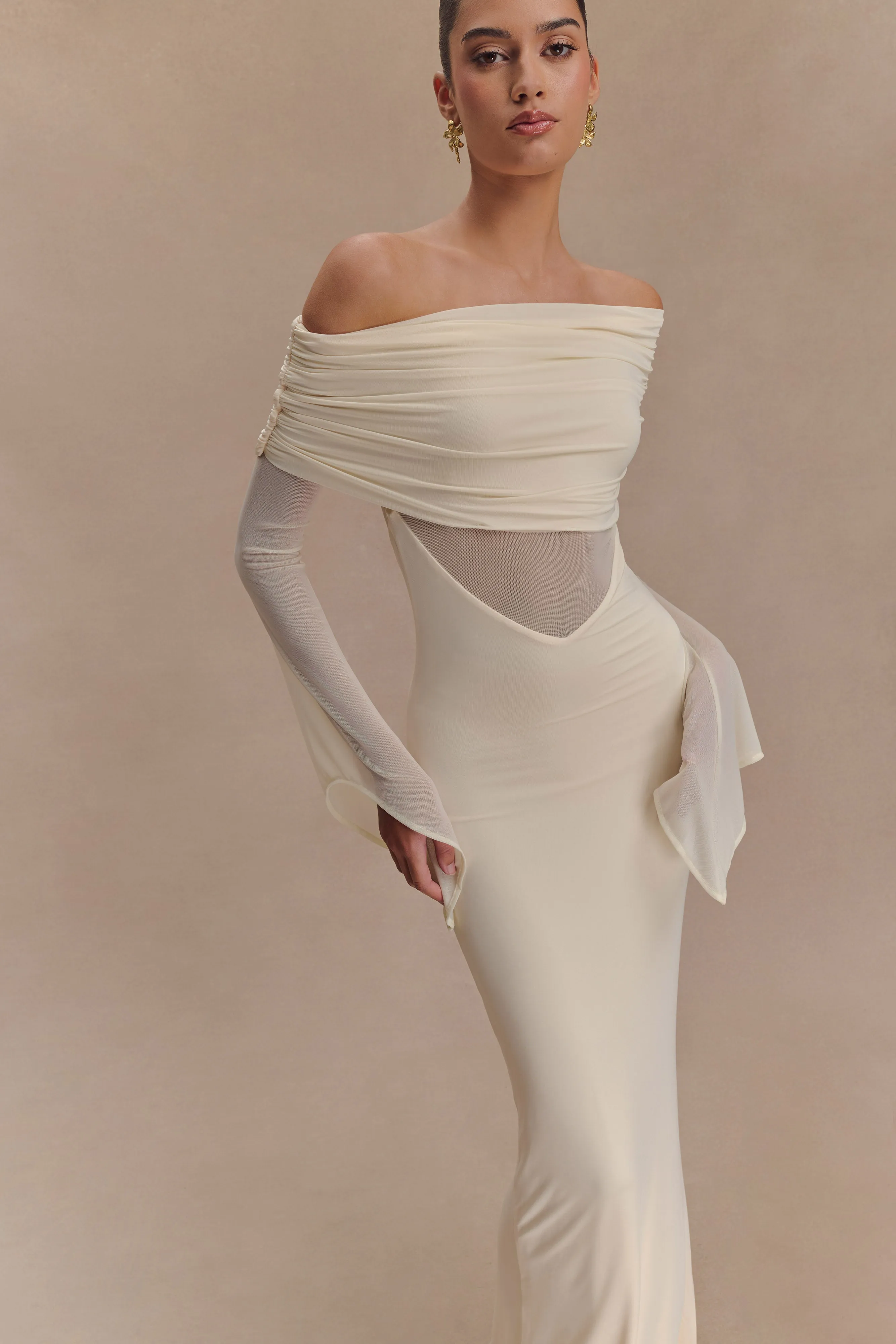 Kaitlin One Shoulder Slinky And Mesh Maxi Dress - Ivory sold by Meshki product image thumbnail 4