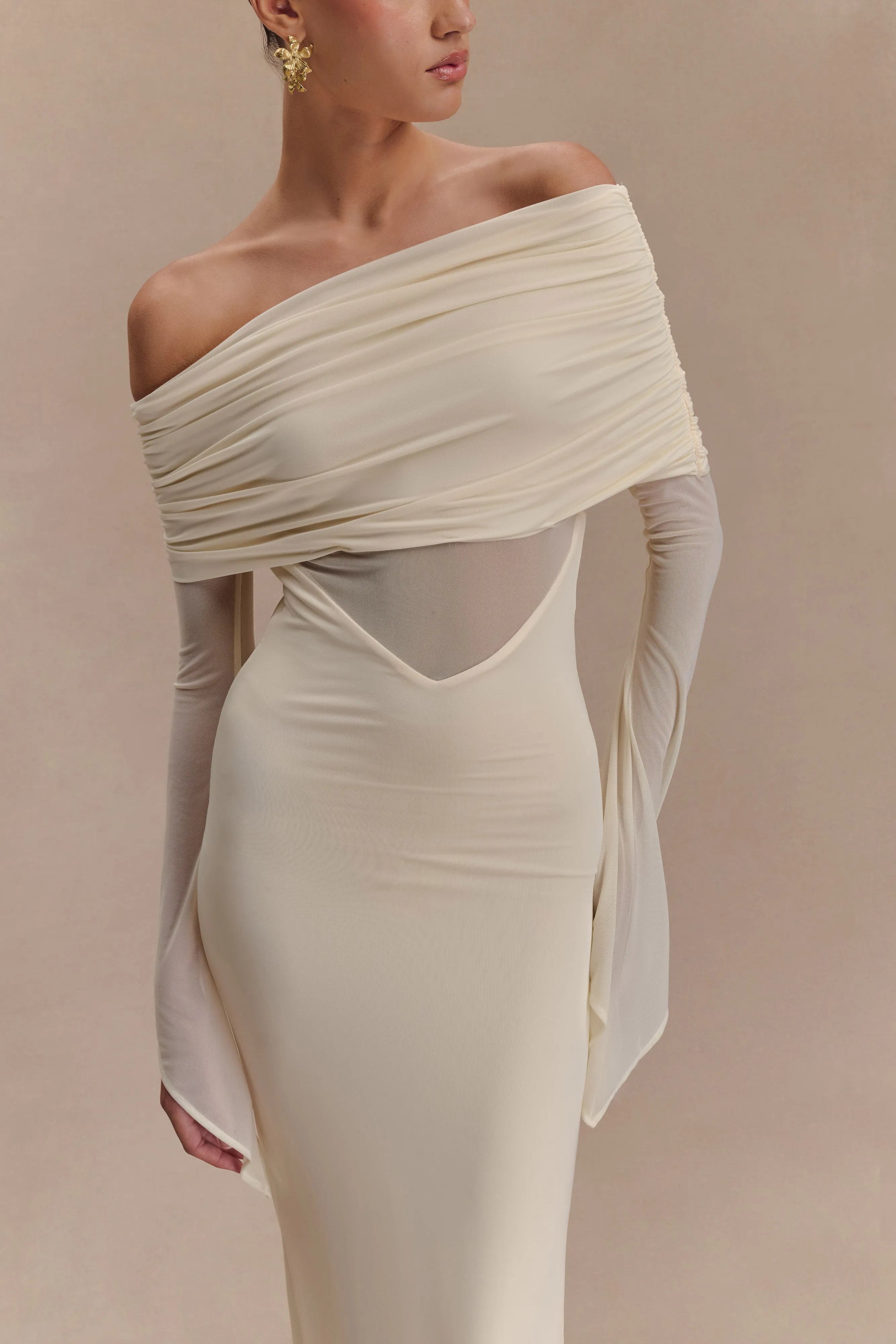 Kaitlin One Shoulder Slinky And Mesh Maxi Dress - Ivory sold by Meshki product image thumbnail 3