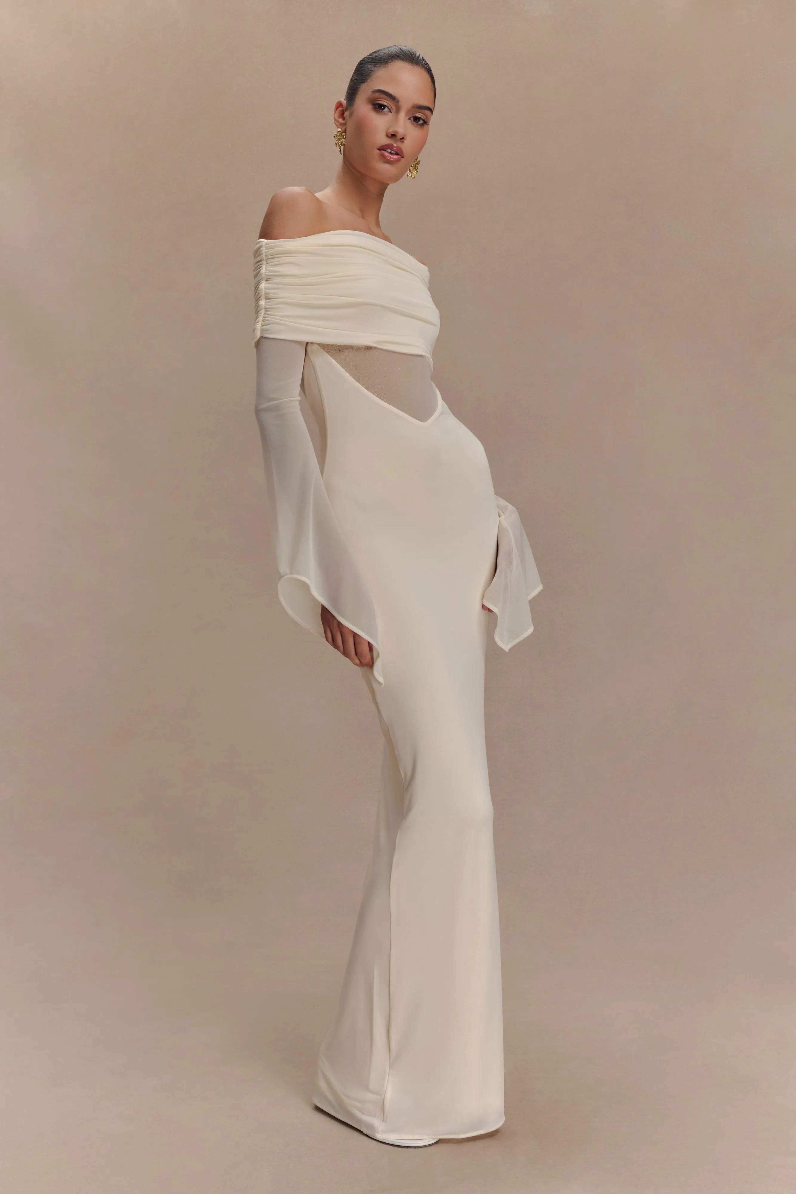 Kaitlin One Shoulder Slinky And Mesh Maxi Dress - Ivory sold by Meshki product image thumbnail 5