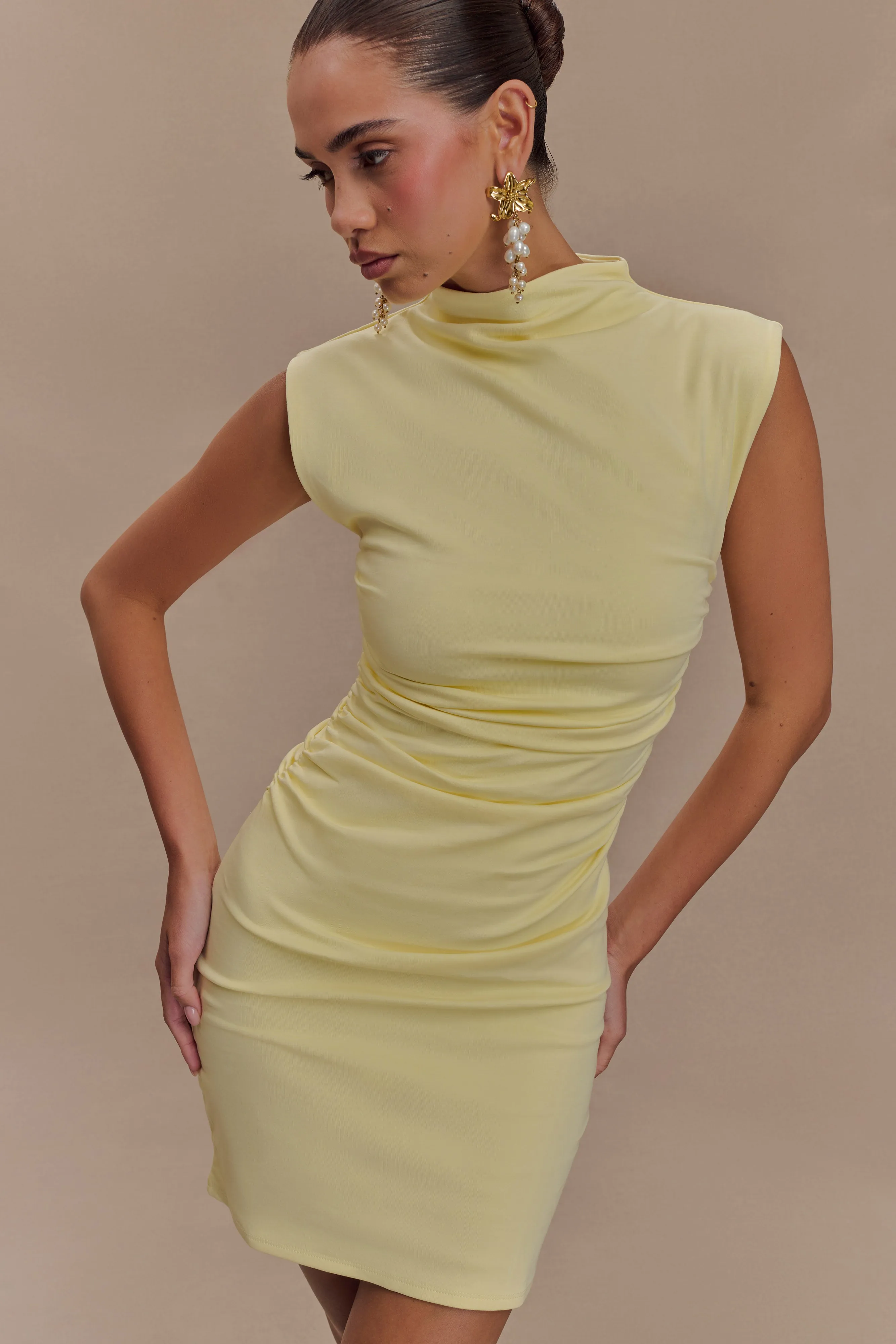 Elliot High Neck Sleeveless Mini Dress - Pale Lemon sold by Meshki product image thumbnail 3