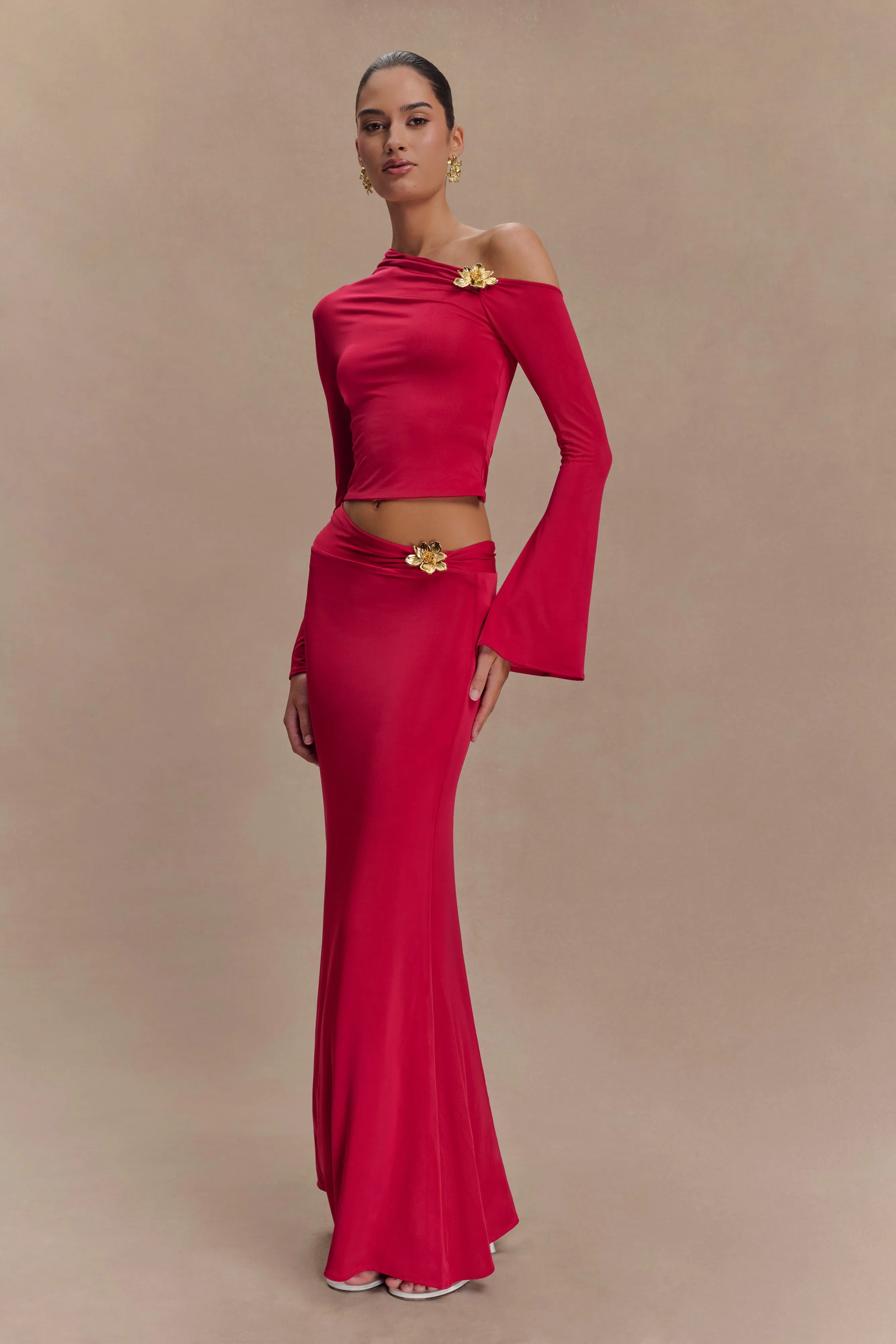 Ainsley Asymmetrical Maxi Skirt With Floral Hardware - Fuchsia Pink sold by Meshki product image thumbnail 5