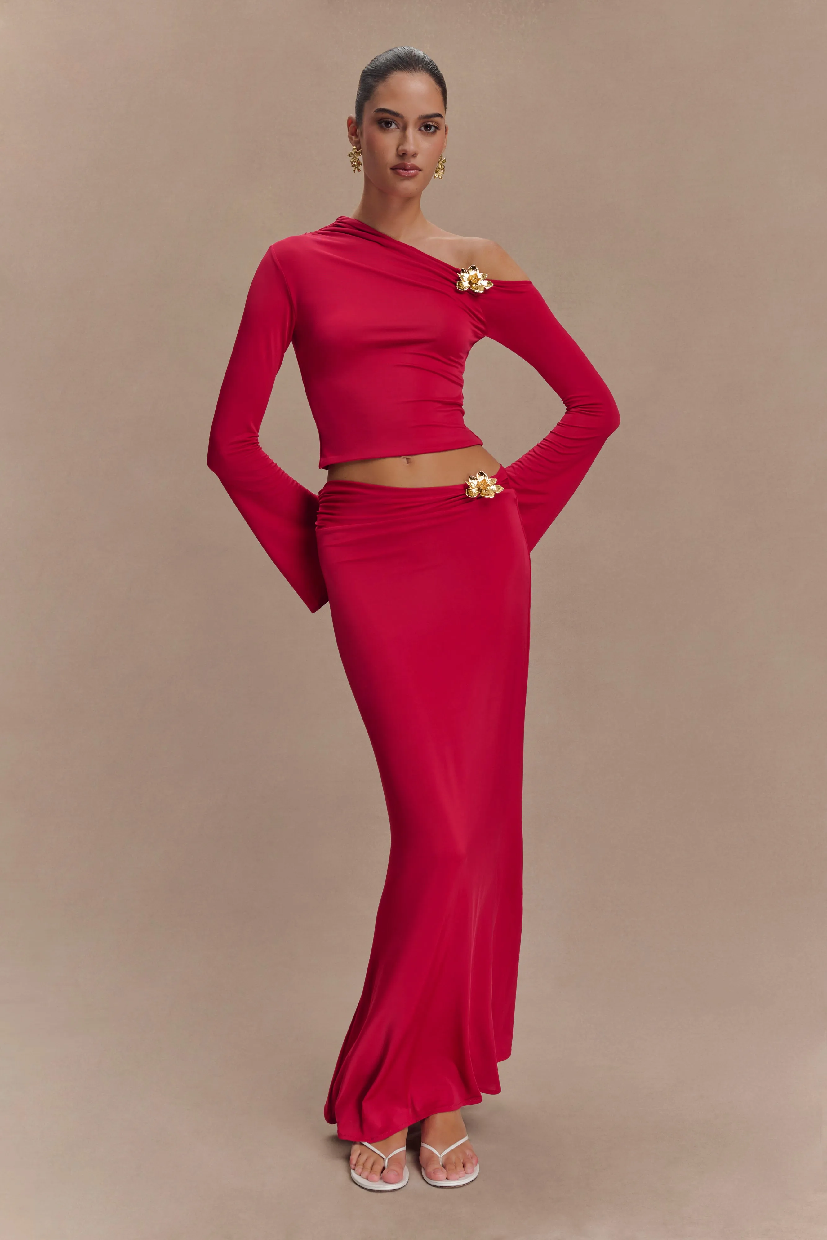 Ainsley Asymmetrical Maxi Skirt With Floral Hardware - Fuchsia Pink sold by Meshki