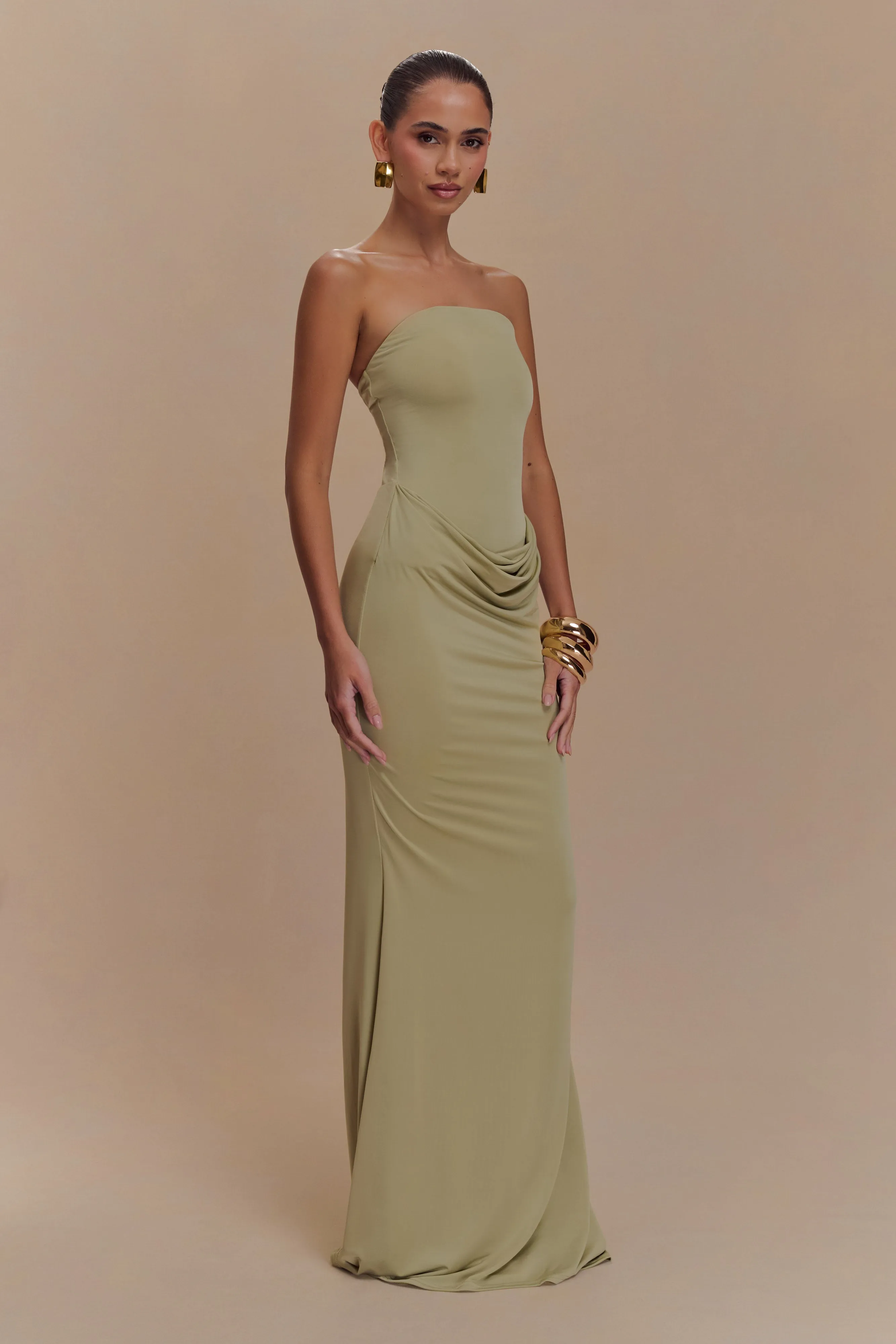 Madison Strapless Slinky Maxi Dress - Sage sold by Meshki product image thumbnail 4