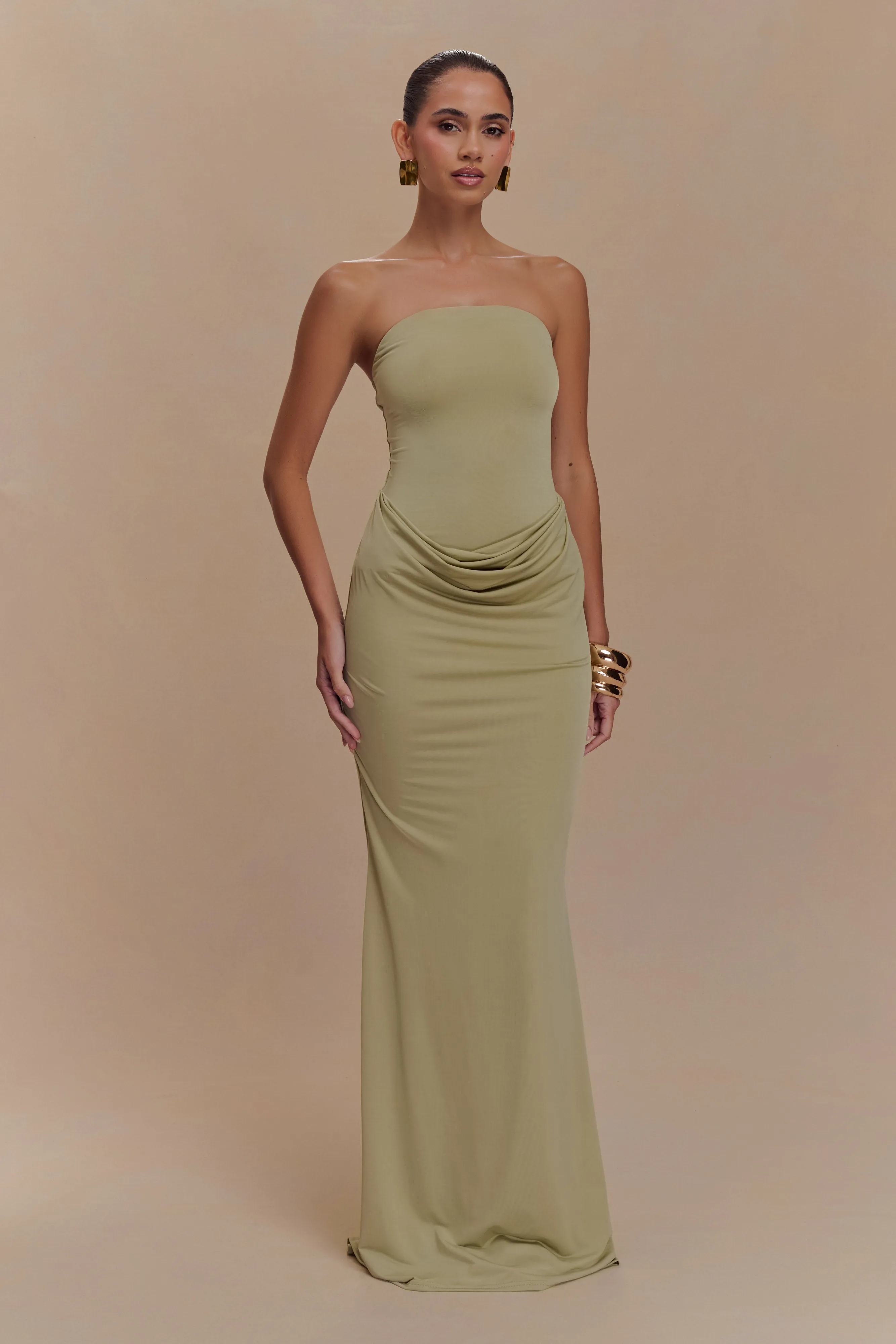 Madison Strapless Slinky Maxi Dress - Sage sold by Meshki