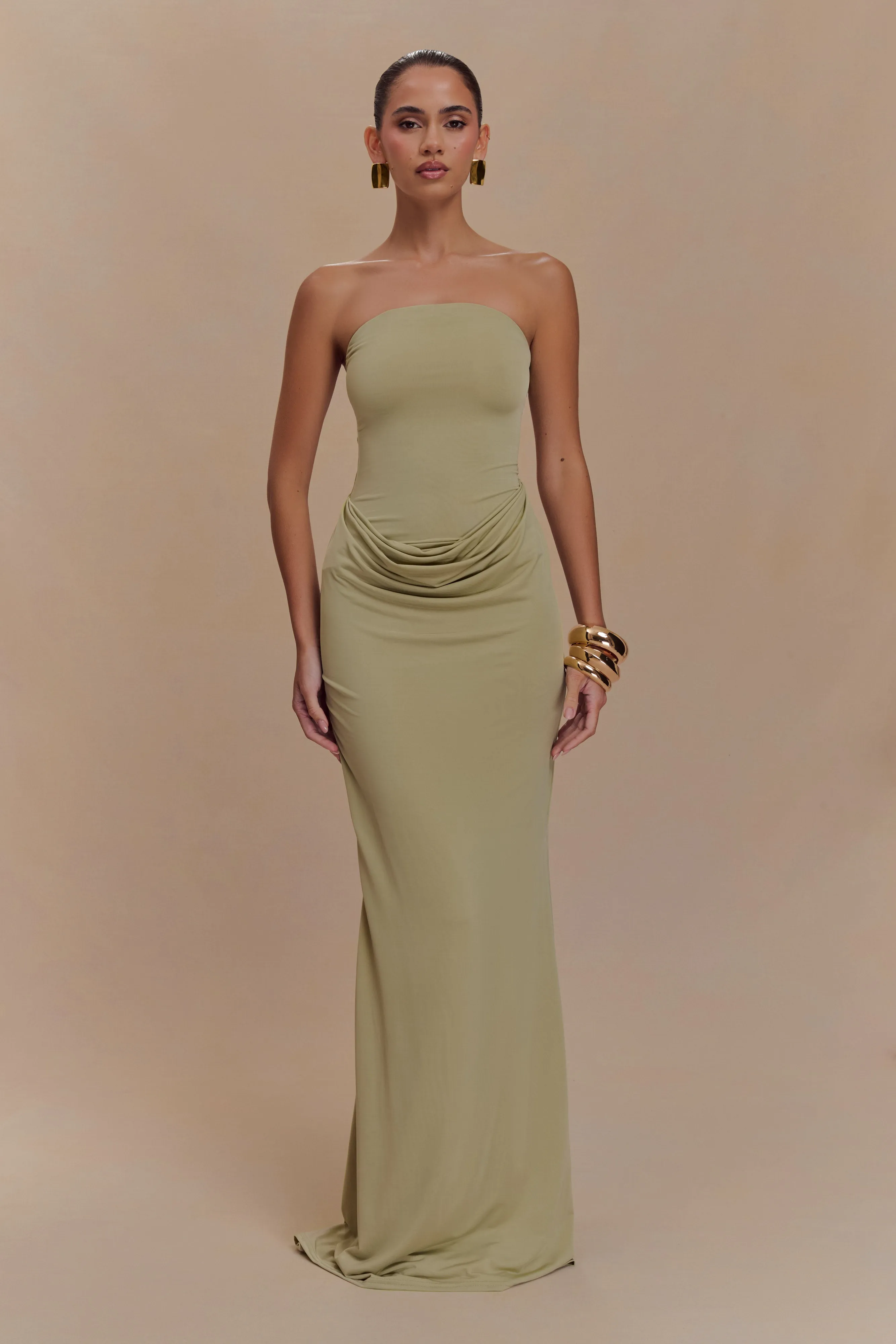 Madison Strapless Slinky Maxi Dress - Sage sold by Meshki product image thumbnail 5