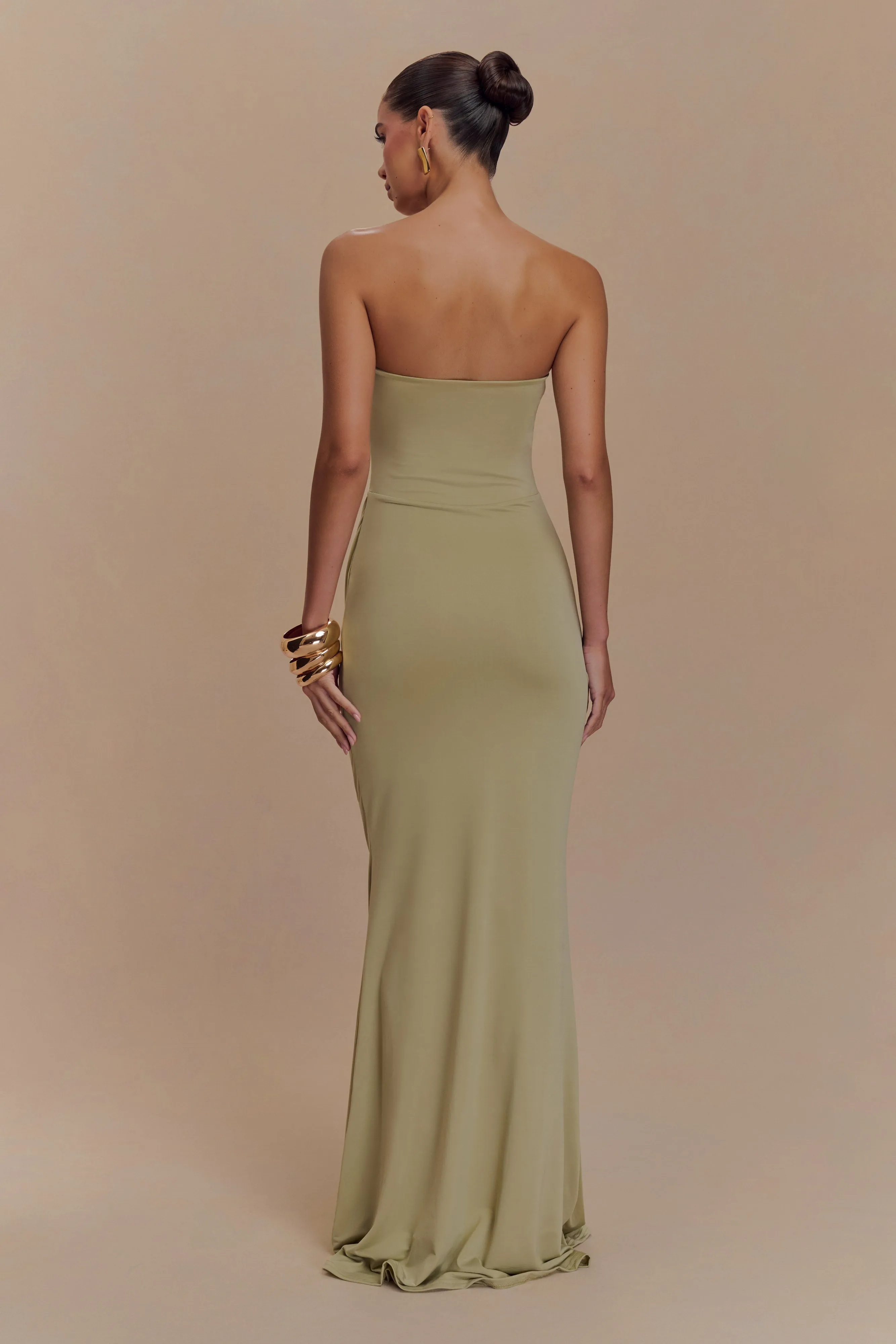 Madison Strapless Slinky Maxi Dress - Sage sold by Meshki product image thumbnail 2