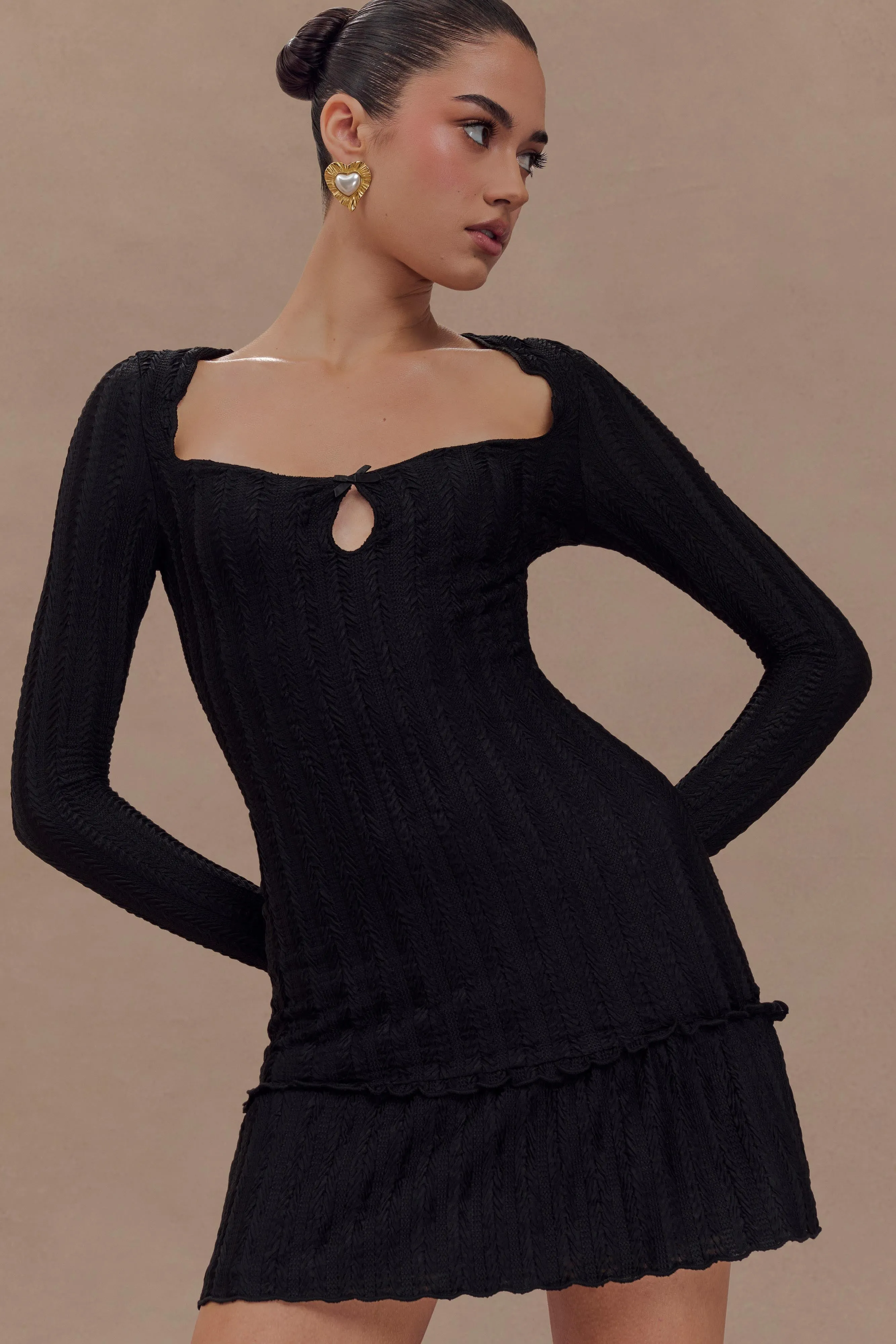 Daphne Pointelle Long Sleeve Mini Dress - Black sold by Meshki product image thumbnail 3