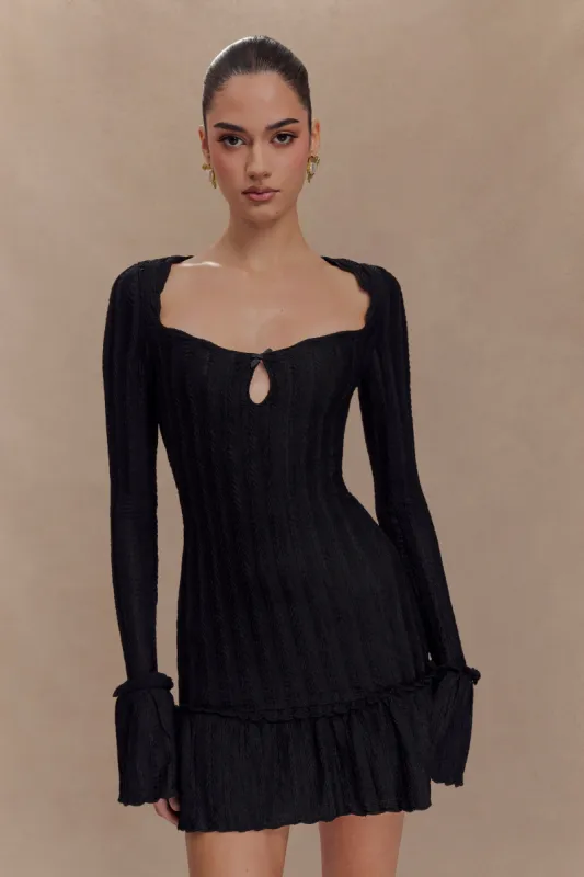 Daphne Pointelle Long Sleeve Mini Dress - Black sold by Meshki