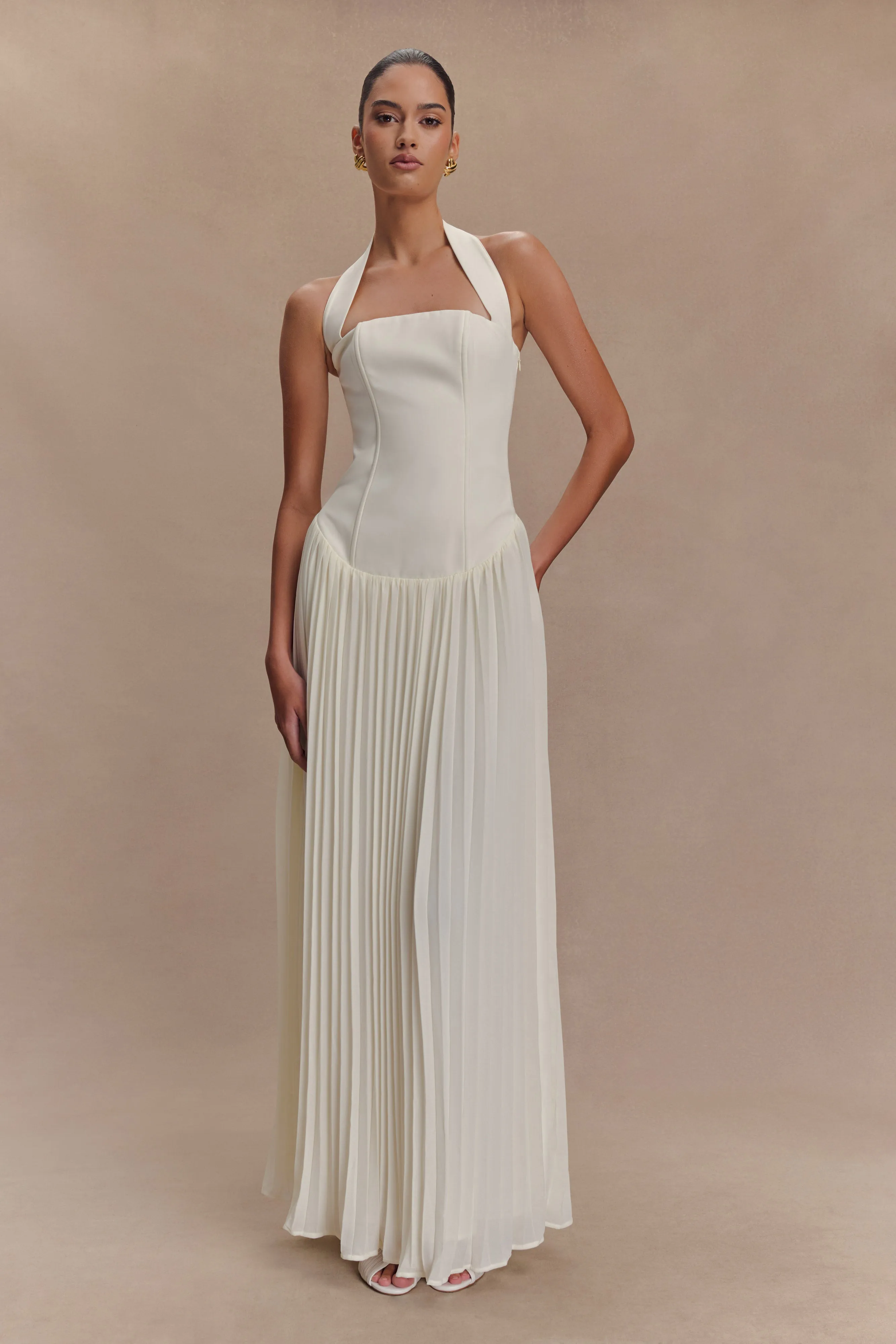 Stacie Pleated Halter Maxi Dress - Ivory sold by Meshki