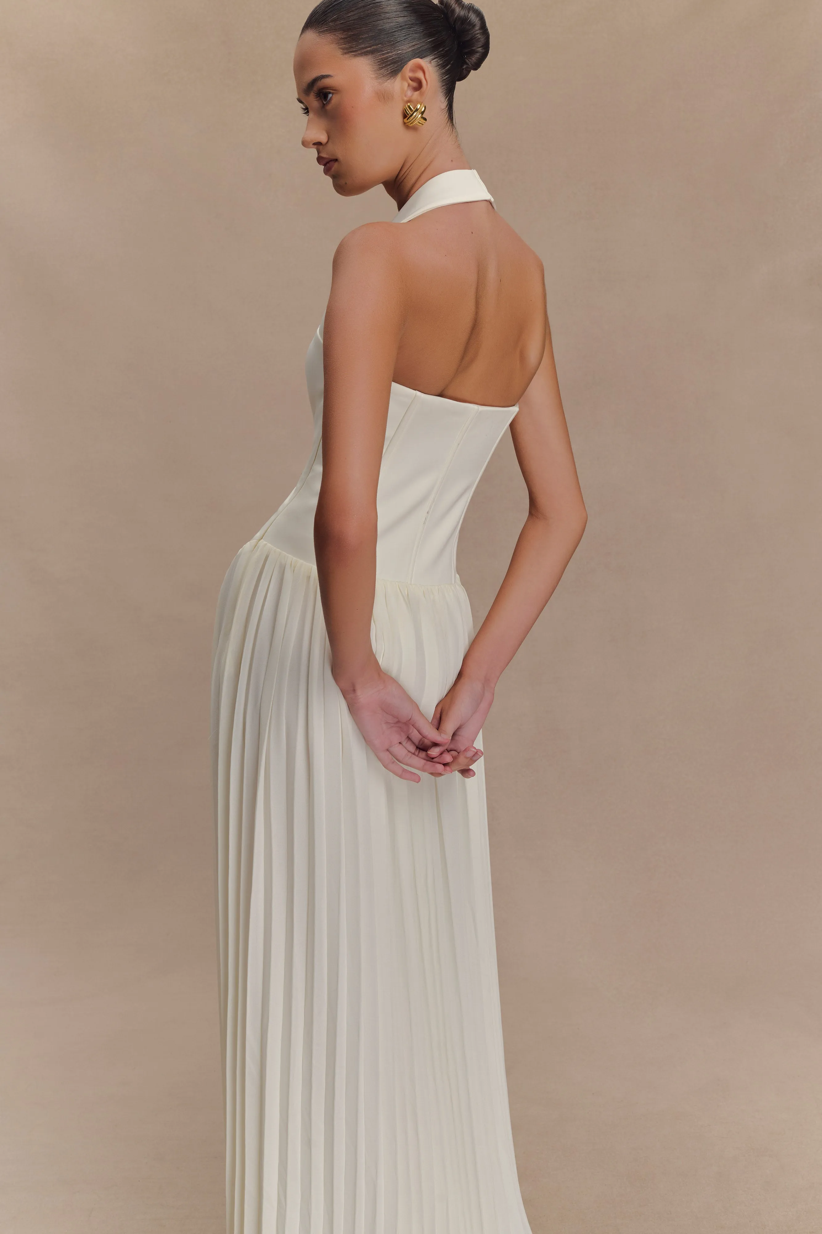 Stacie Pleated Halter Maxi Dress - Ivory sold by Meshki product image thumbnail 4