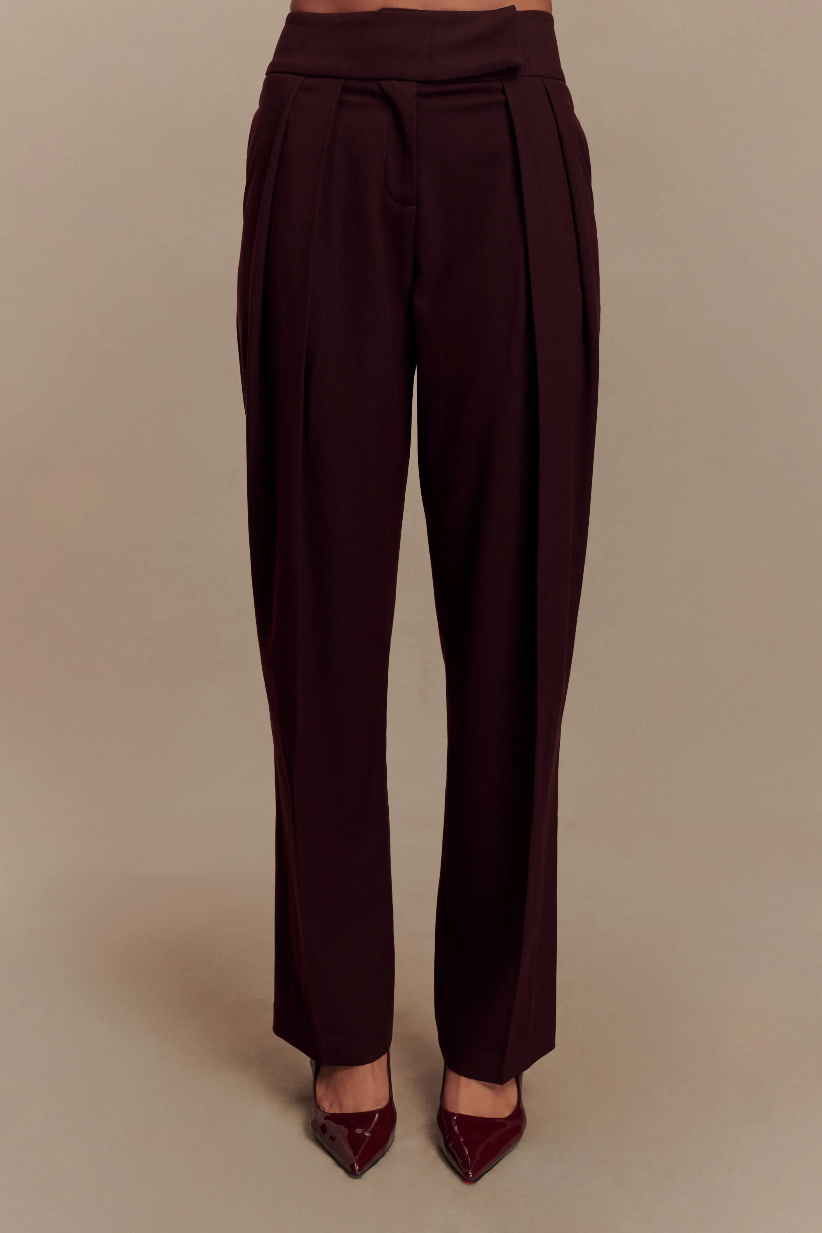 Penelope Pleated High Waisted Pants - Mahogany sold by Meshki