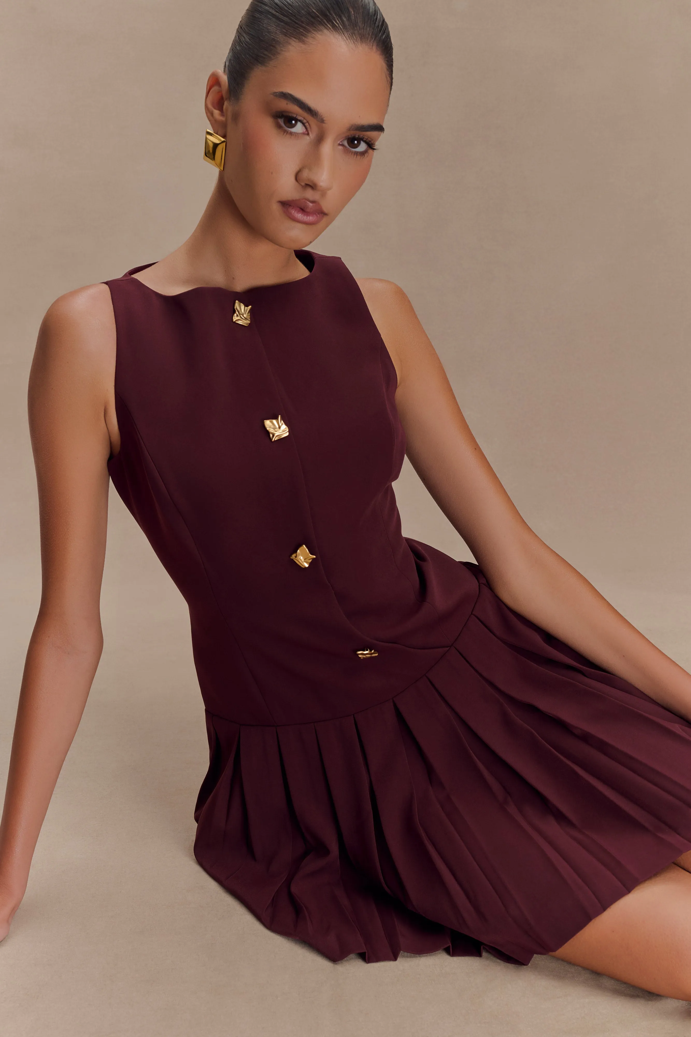 Mackenzie Sleeveless Pleated Mini Dress - Mahogany sold by Meshki product image thumbnail 3