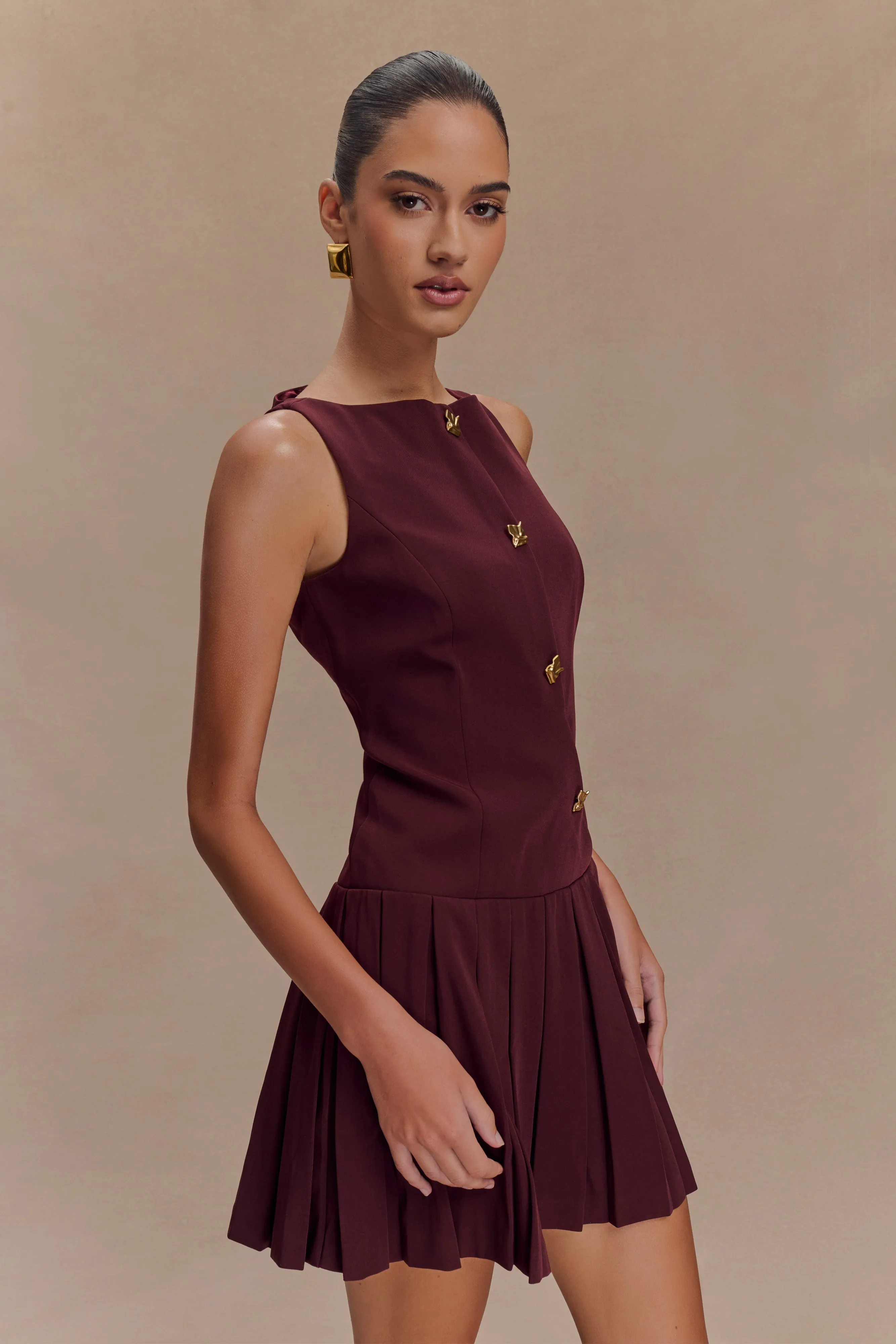Mackenzie Sleeveless Pleated Mini Dress - Mahogany sold by Meshki product image thumbnail 4