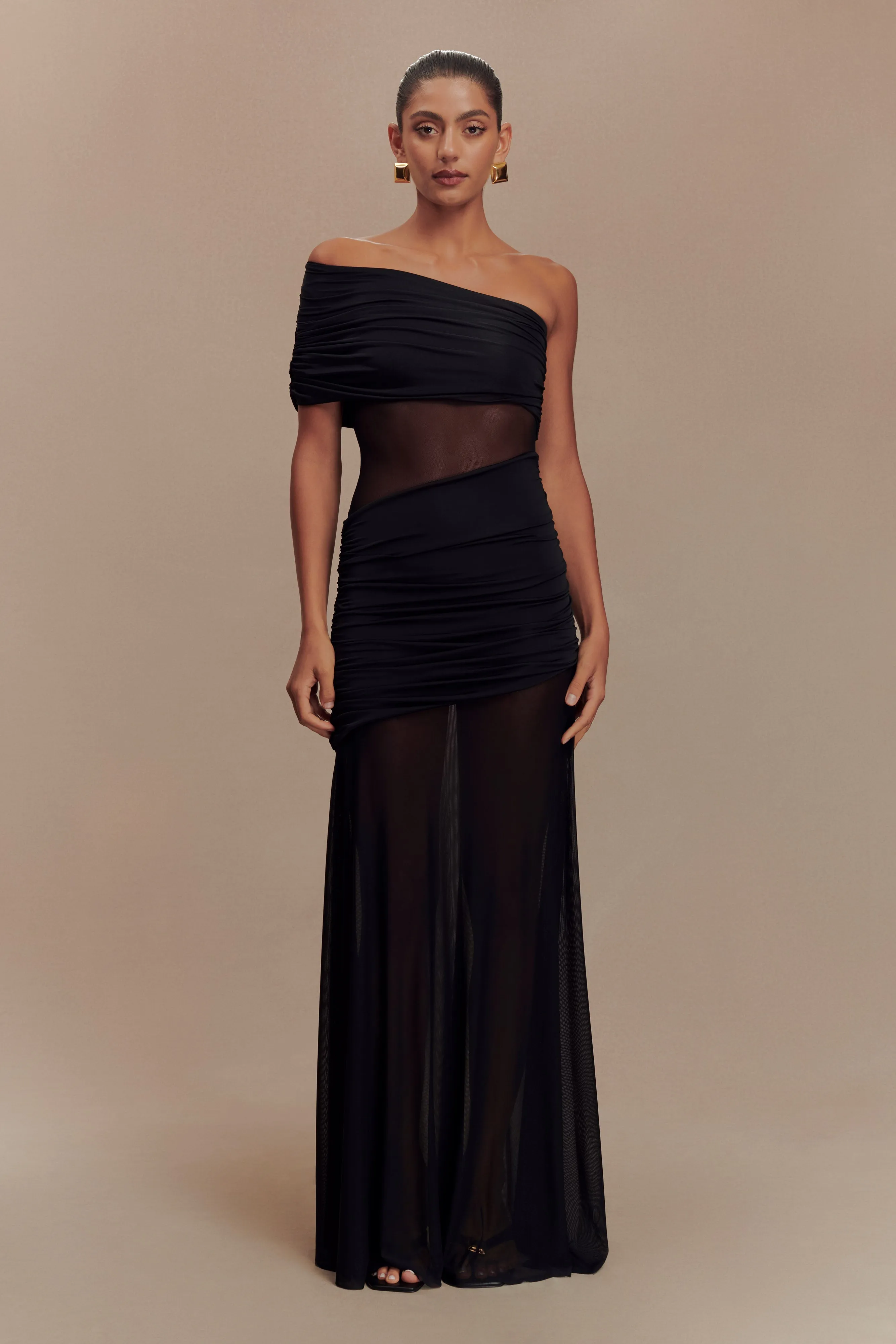 Dallas One Shoulder Mesh Maxi Dress - Black sold by Meshki