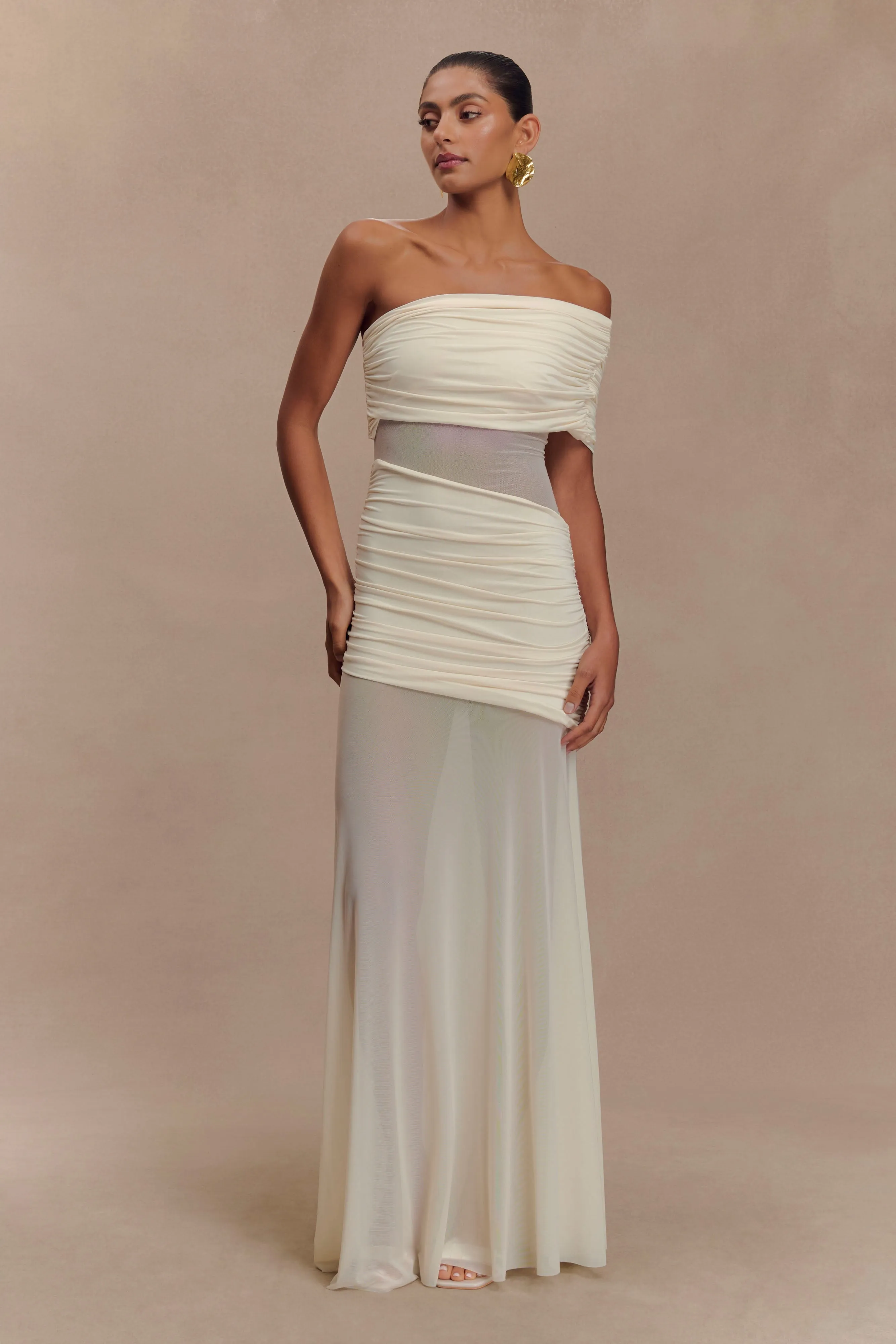 Dallas One Shoulder Mesh Maxi Dress - Ivory sold by Meshki
