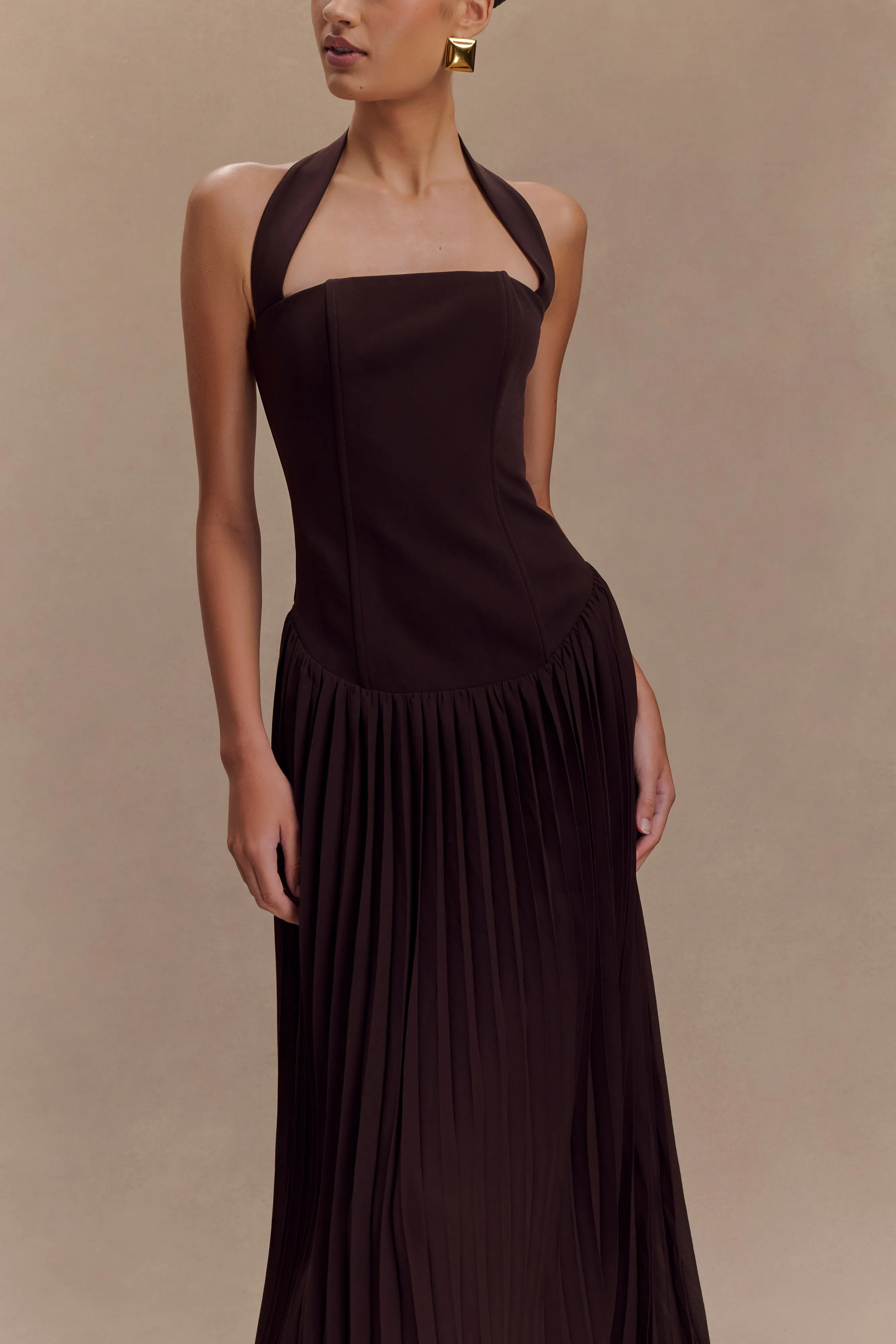 Stacie Pleated Halter Maxi Dress - Cacao sold by Meshki product image thumbnail 3