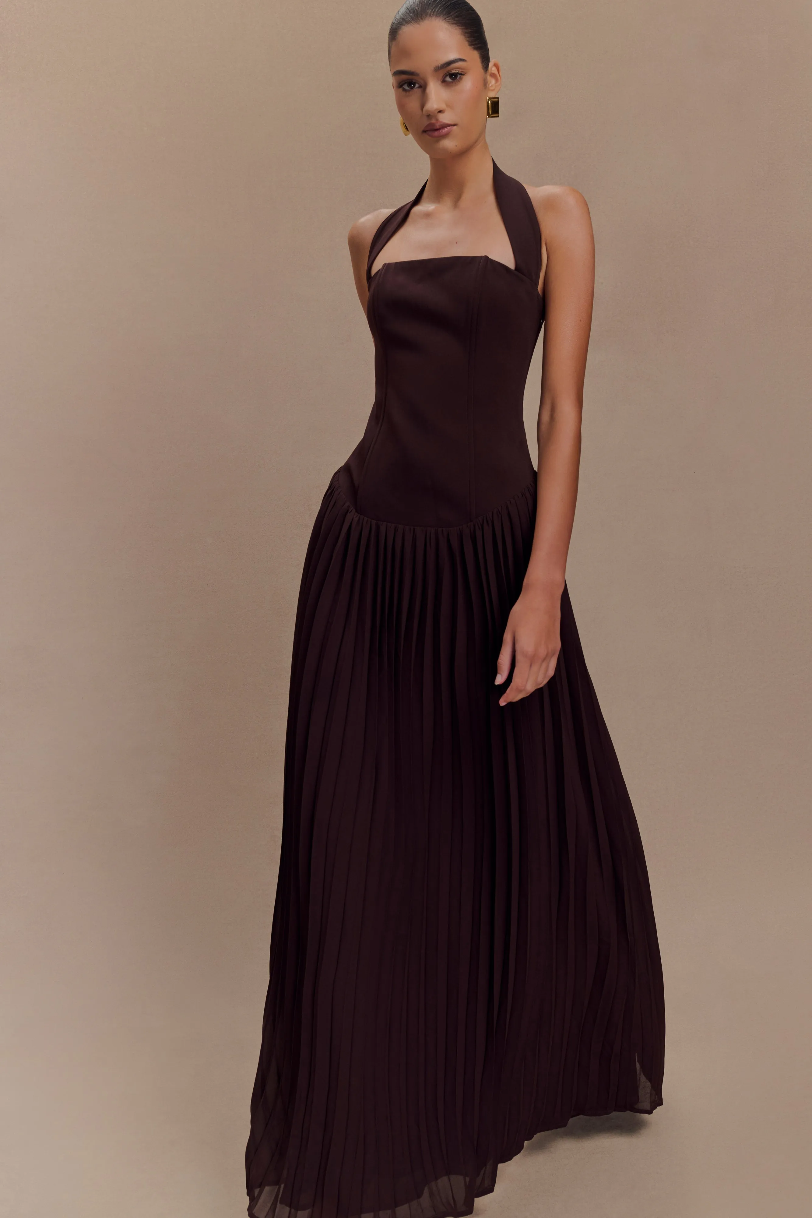 Stacie Pleated Halter Maxi Dress - Cacao sold by Meshki product image thumbnail 5
