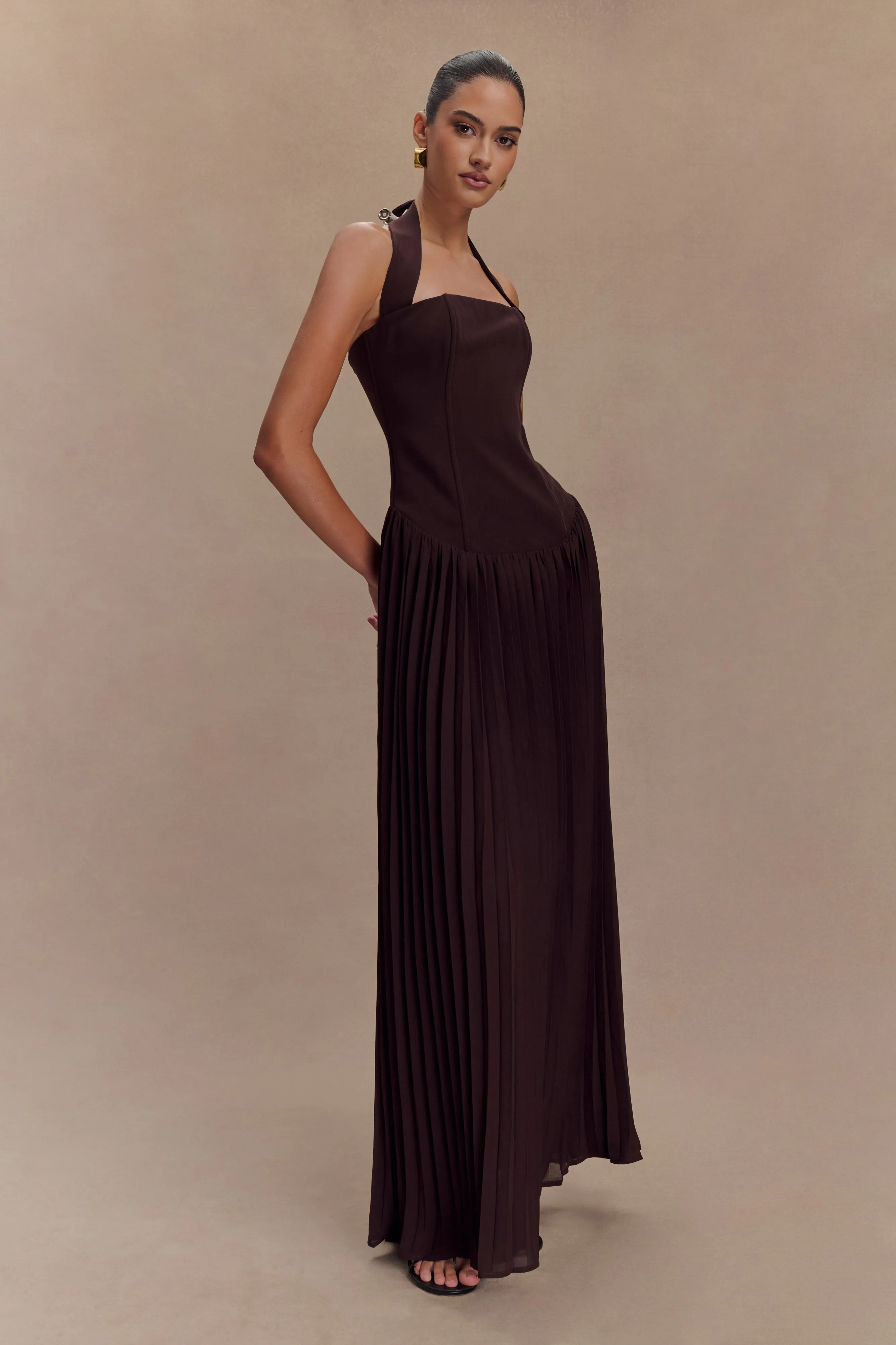 Stacie Pleated Halter Maxi Dress - Cacao sold by Meshki product image thumbnail 4
