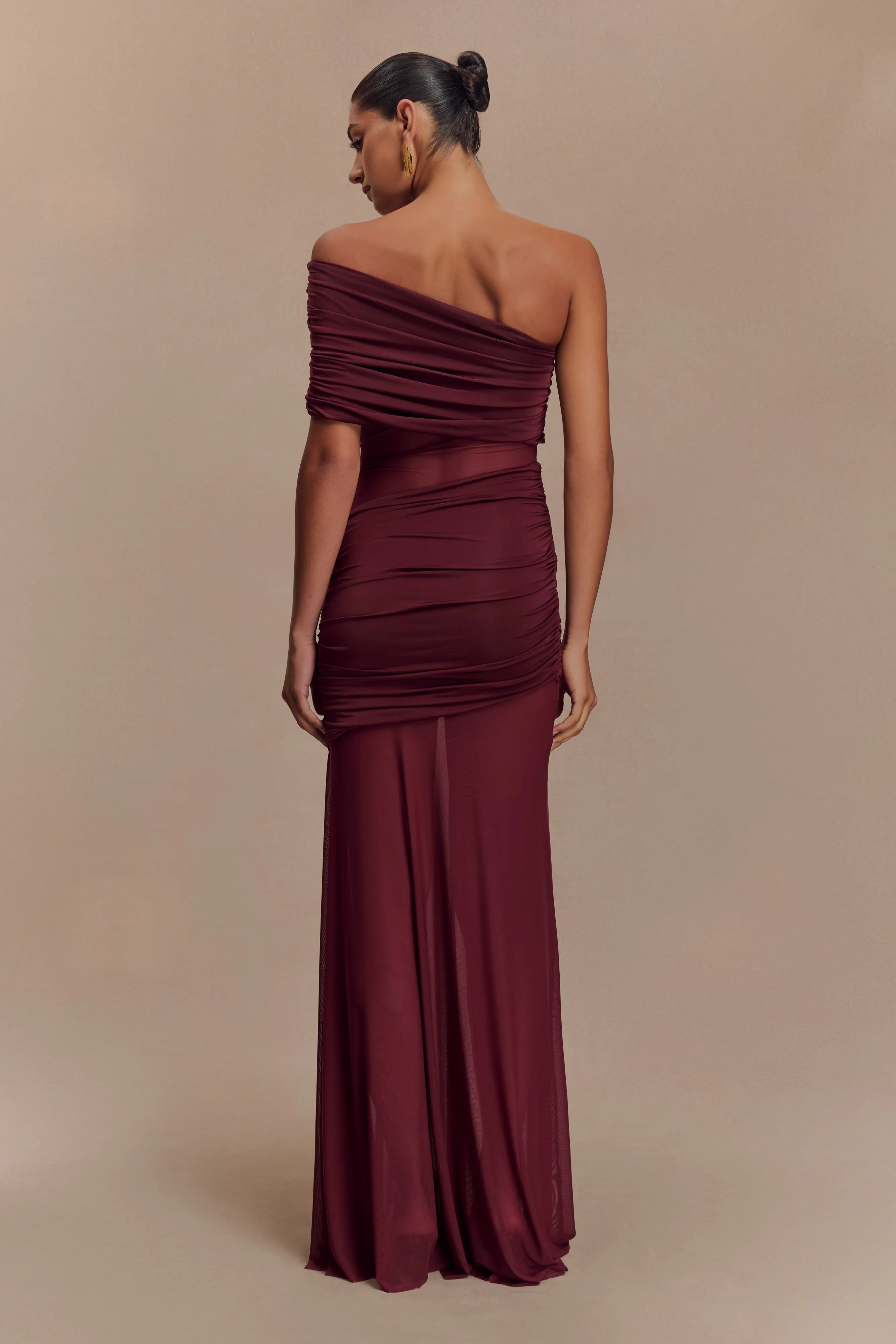 Dallas One Shoulder Mesh Maxi Dress - Burgundy sold by Meshki product image thumbnail 2