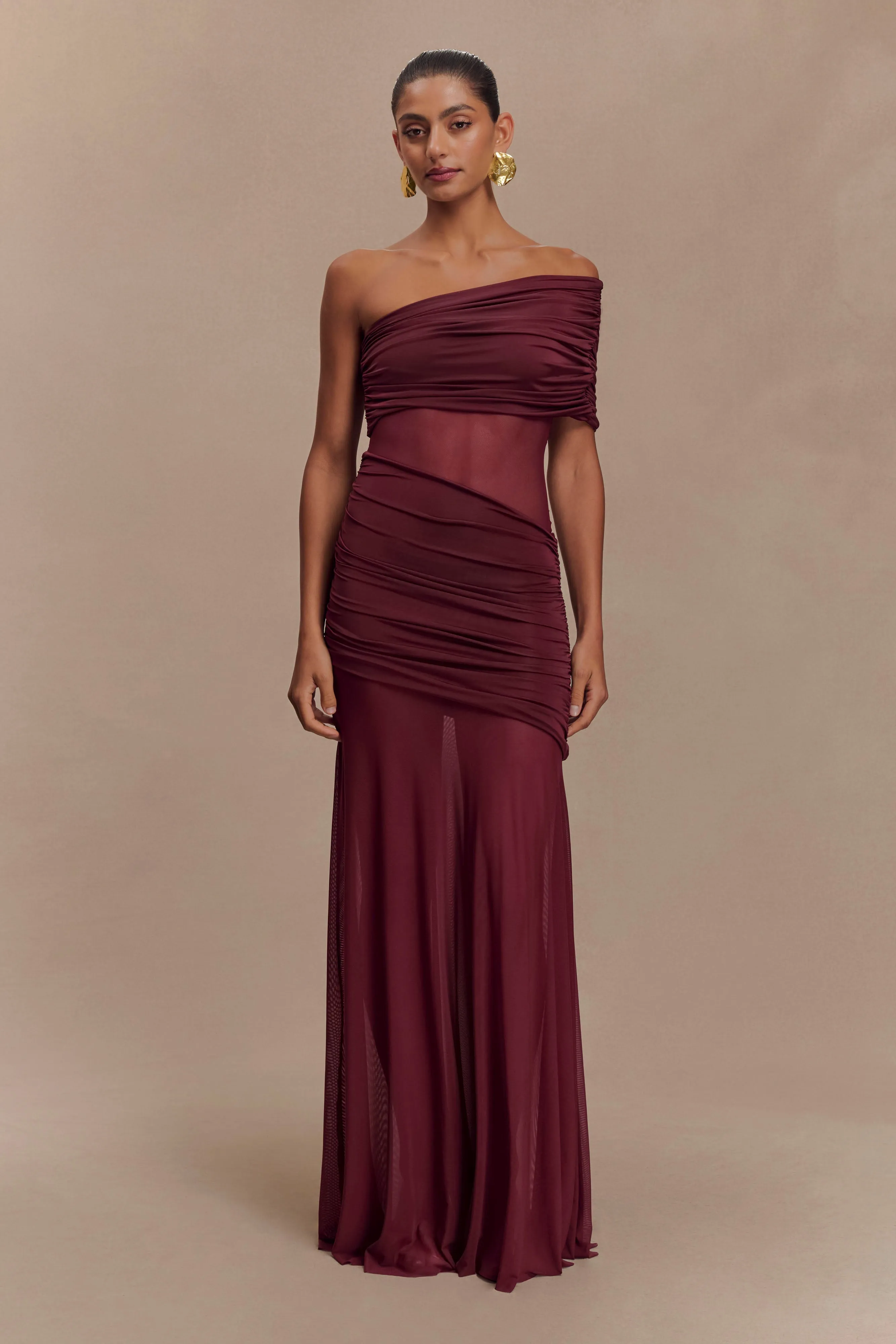 Dallas One Shoulder Mesh Maxi Dress - Burgundy sold by Meshki