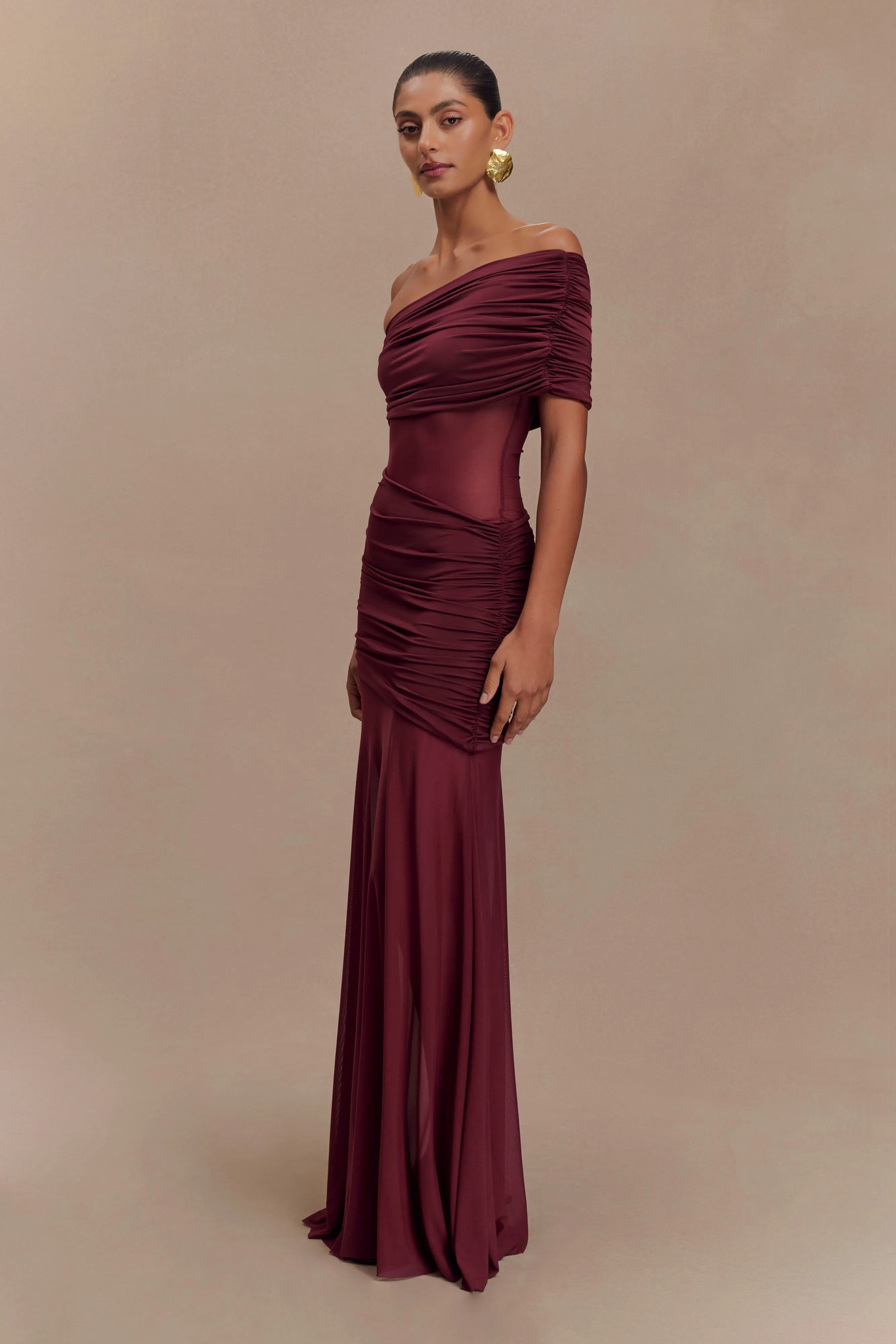 Dallas One Shoulder Mesh Maxi Dress - Burgundy sold by Meshki product image thumbnail 4