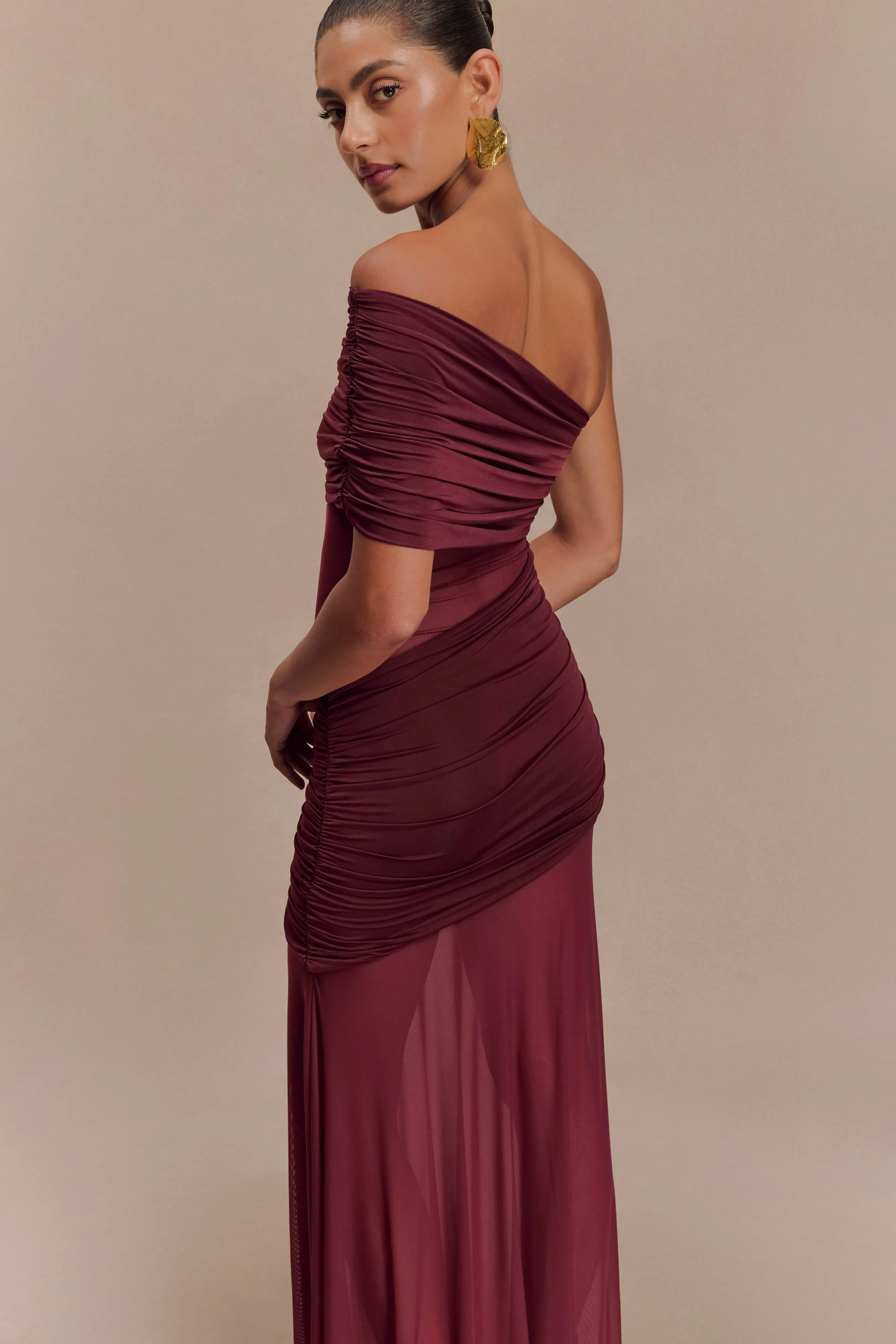 Dallas One Shoulder Mesh Maxi Dress - Burgundy sold by Meshki product image thumbnail 5