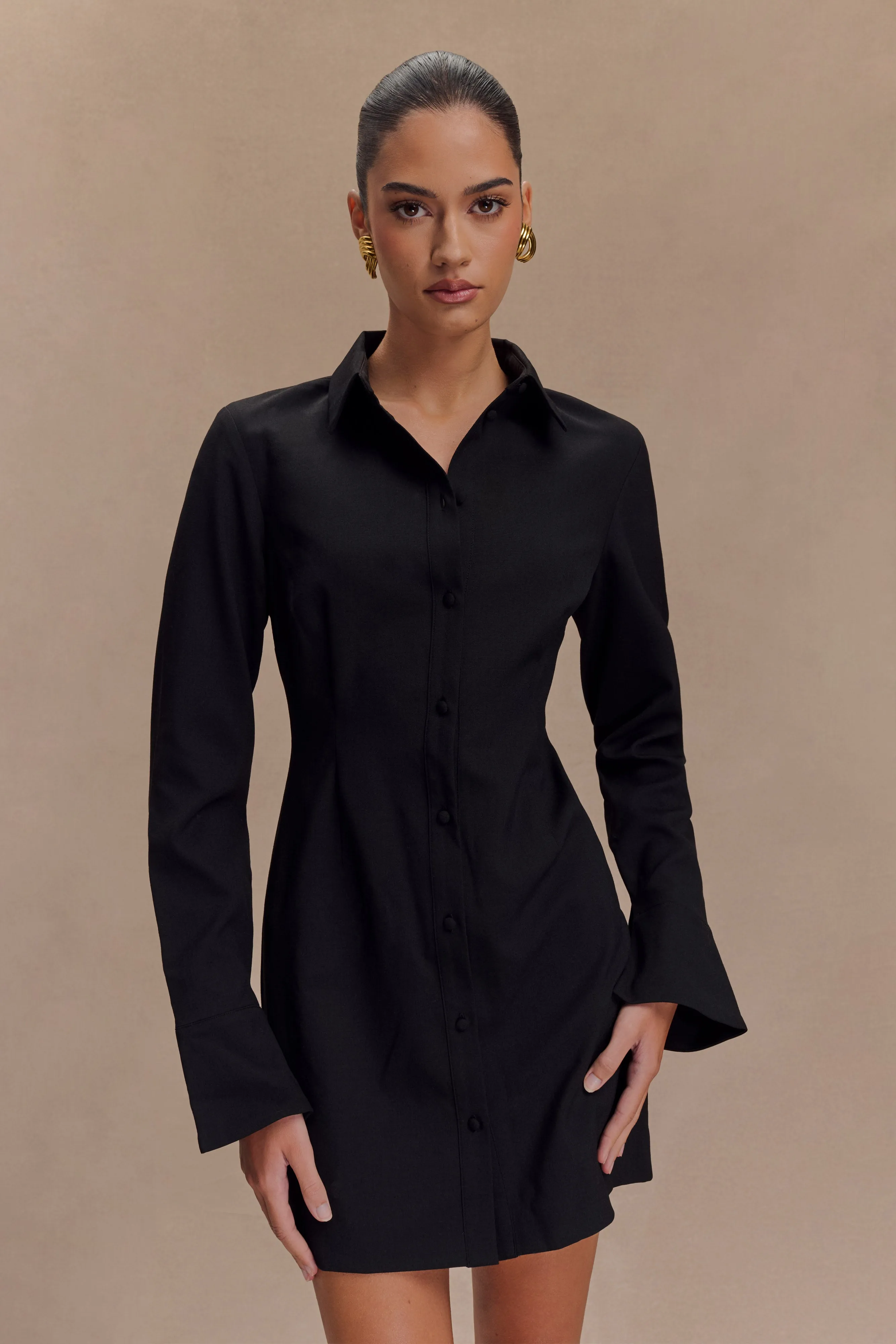 Dorian Fitted Shirt Mini Dress - Black sold by Meshki