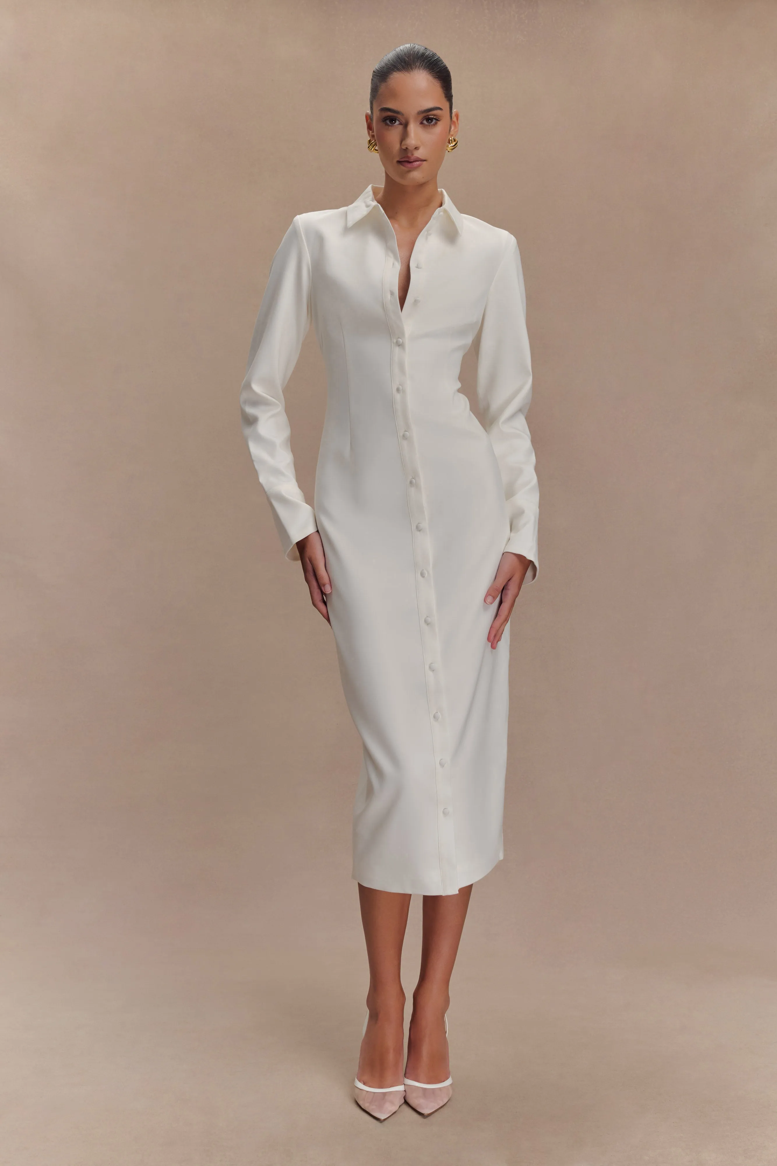 Dorian Fitted Shirt Midi Dress - White sold by Meshki