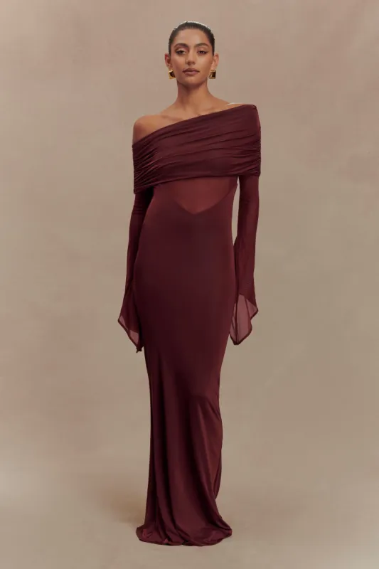 Kaitlin One Shoulder Slinky And Mesh Maxi Dress - Burgundy sold by Meshki