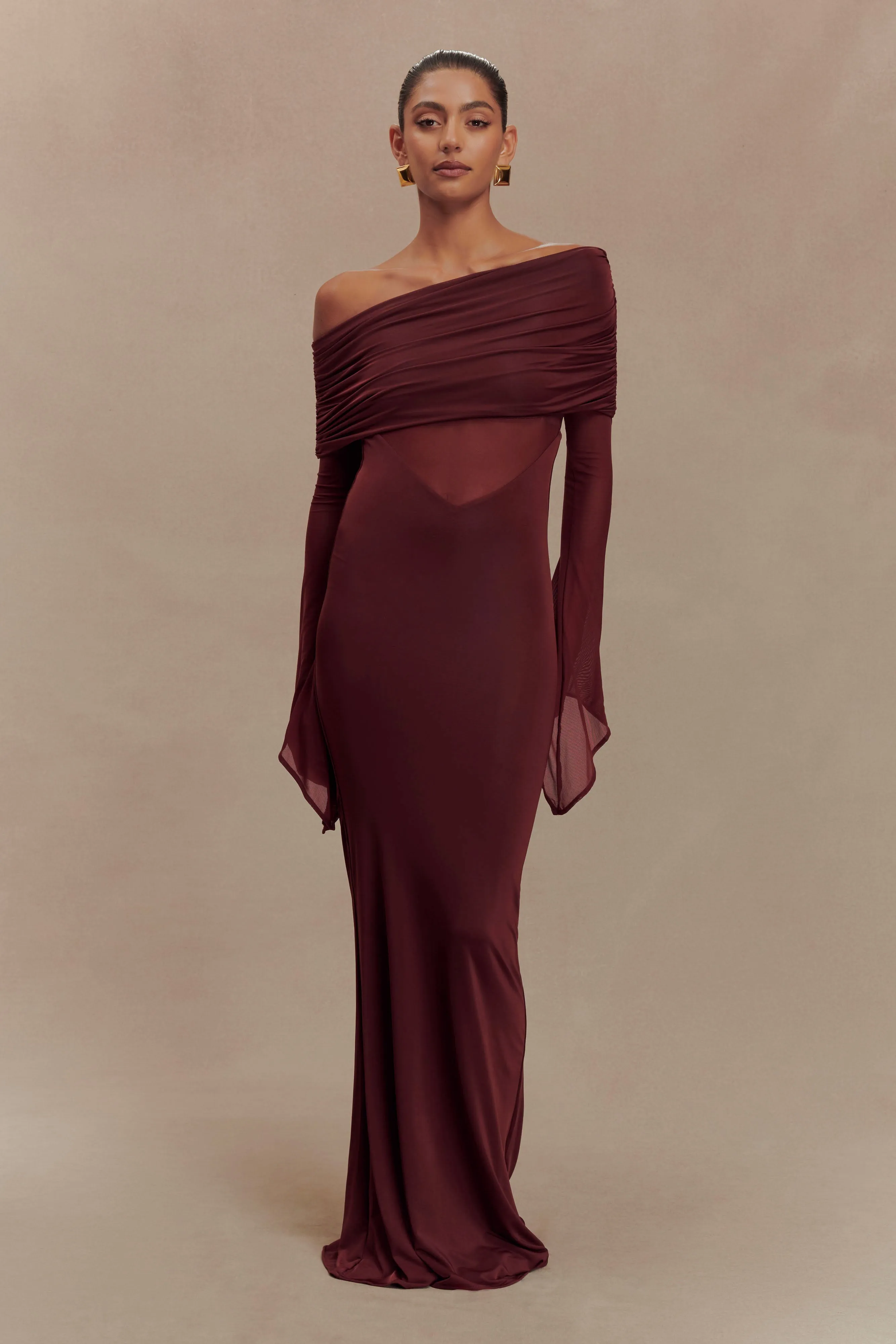 Kaitlin One Shoulder Slinky And Mesh Maxi Dress - Burgundy sold by Meshki