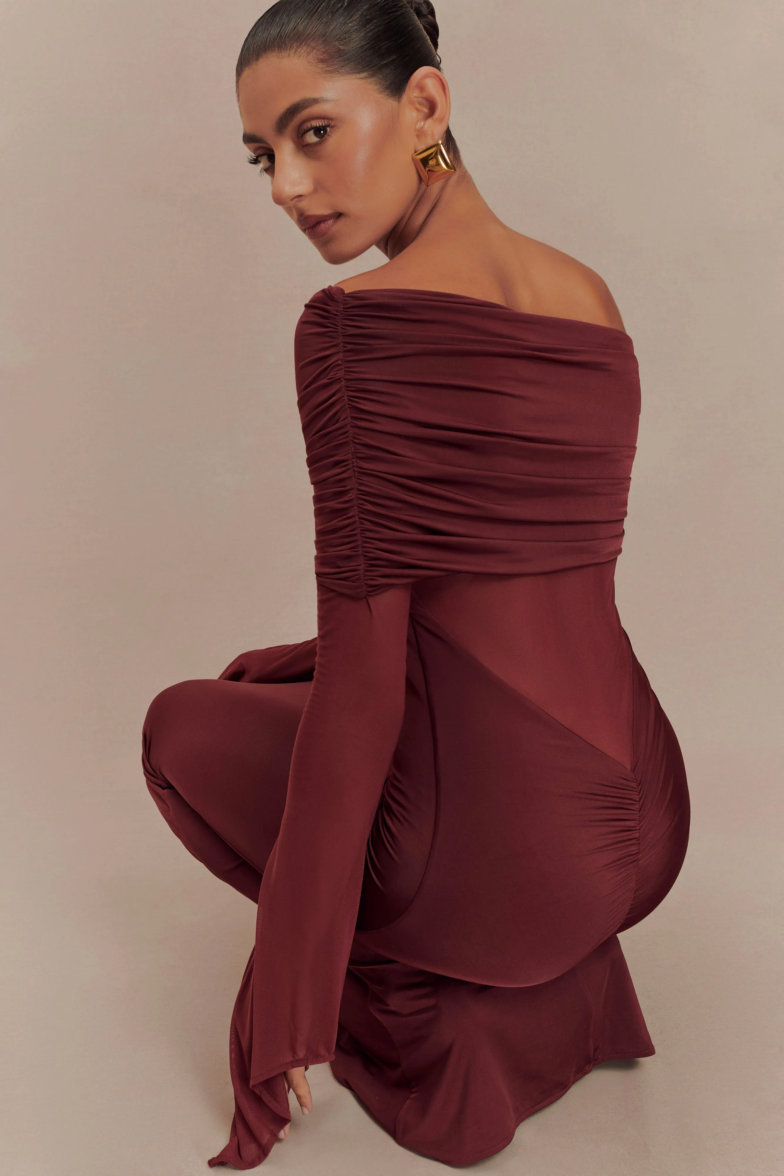 Kaitlin One Shoulder Slinky And Mesh Maxi Dress - Burgundy sold by Meshki product image thumbnail 3