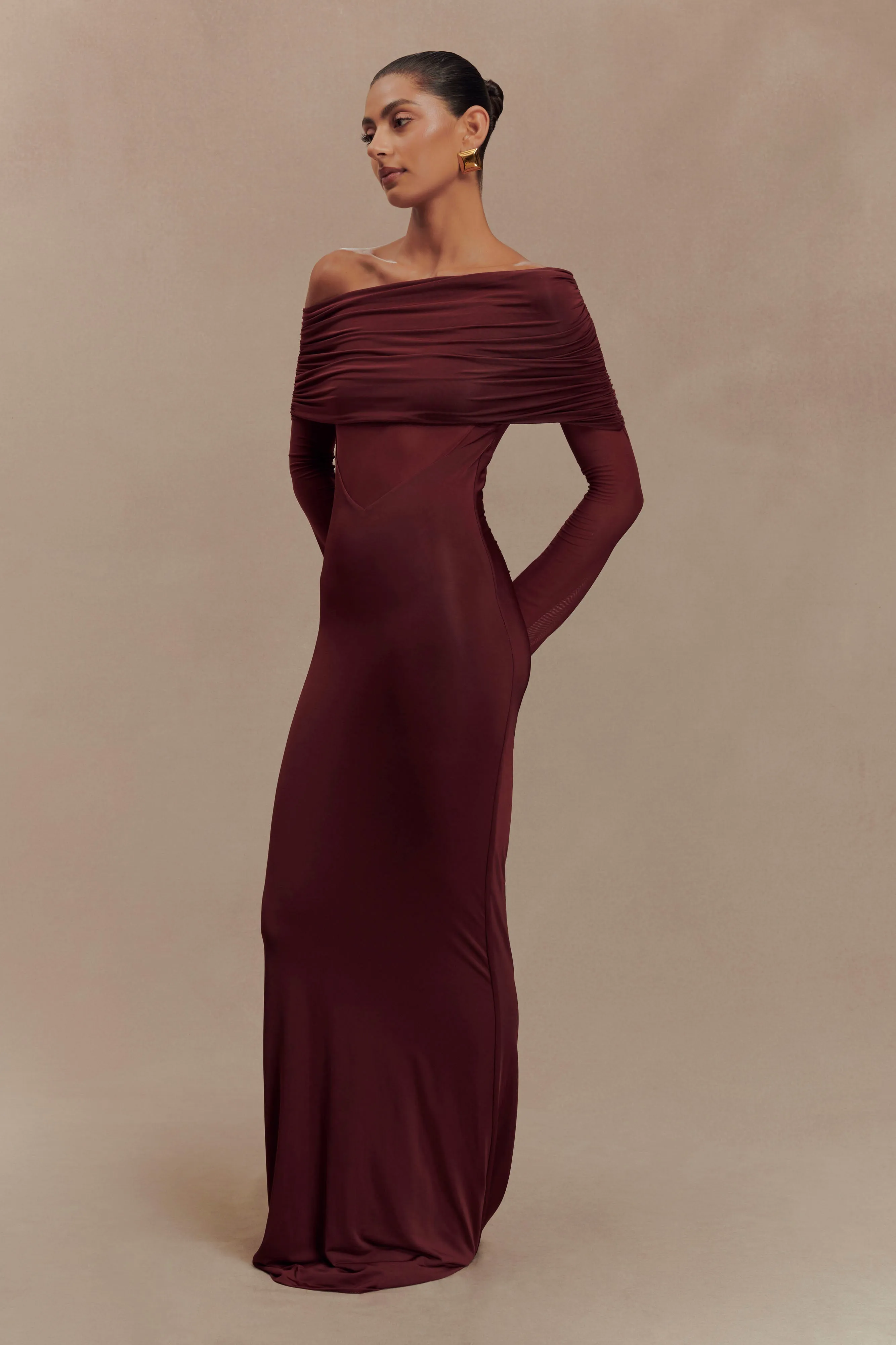 Kaitlin One Shoulder Slinky And Mesh Maxi Dress - Burgundy sold by Meshki product image thumbnail 4
