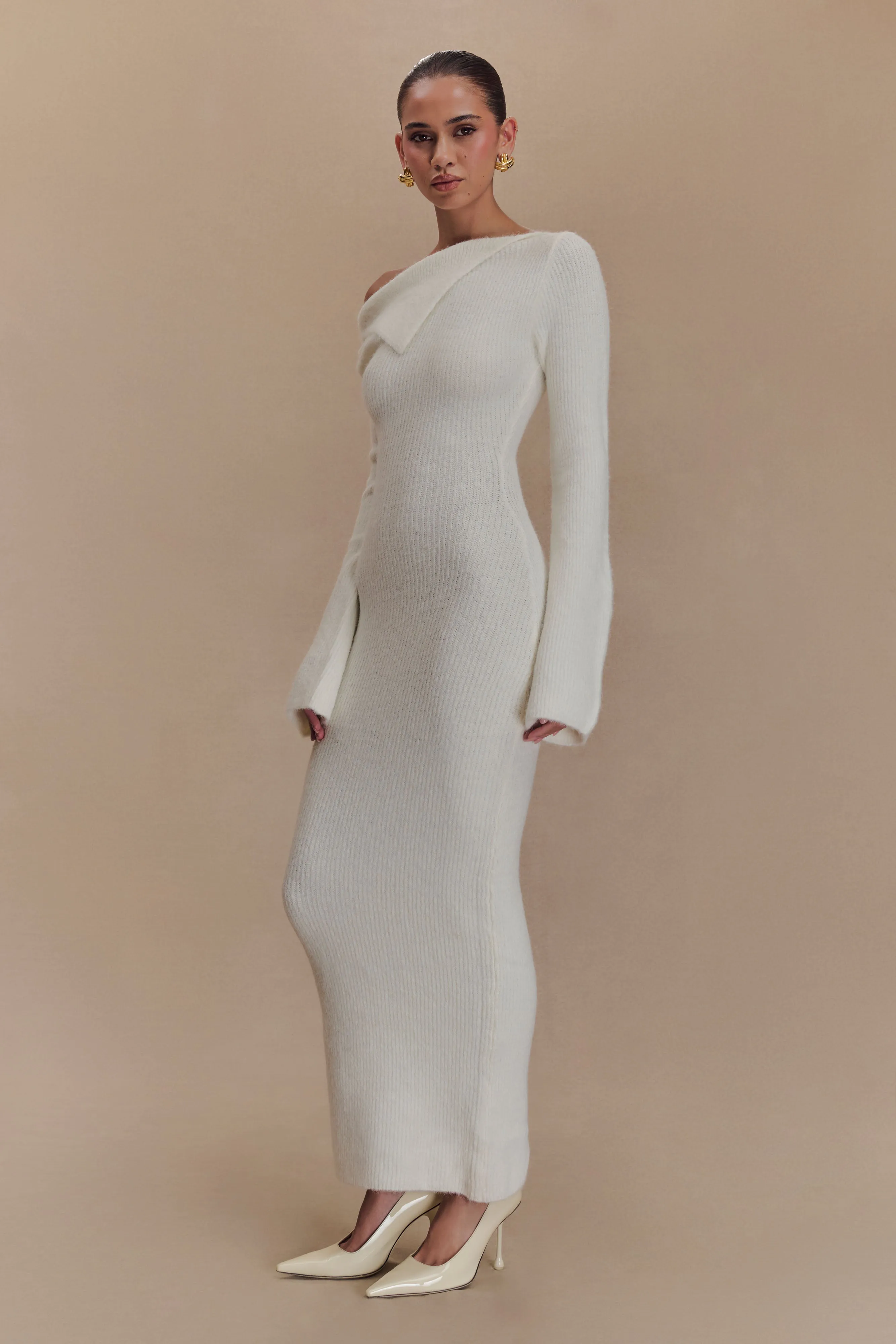 Magenta One Shoulder Fluffy Knit Midi Dress - Ivory sold by Meshki product image thumbnail 4