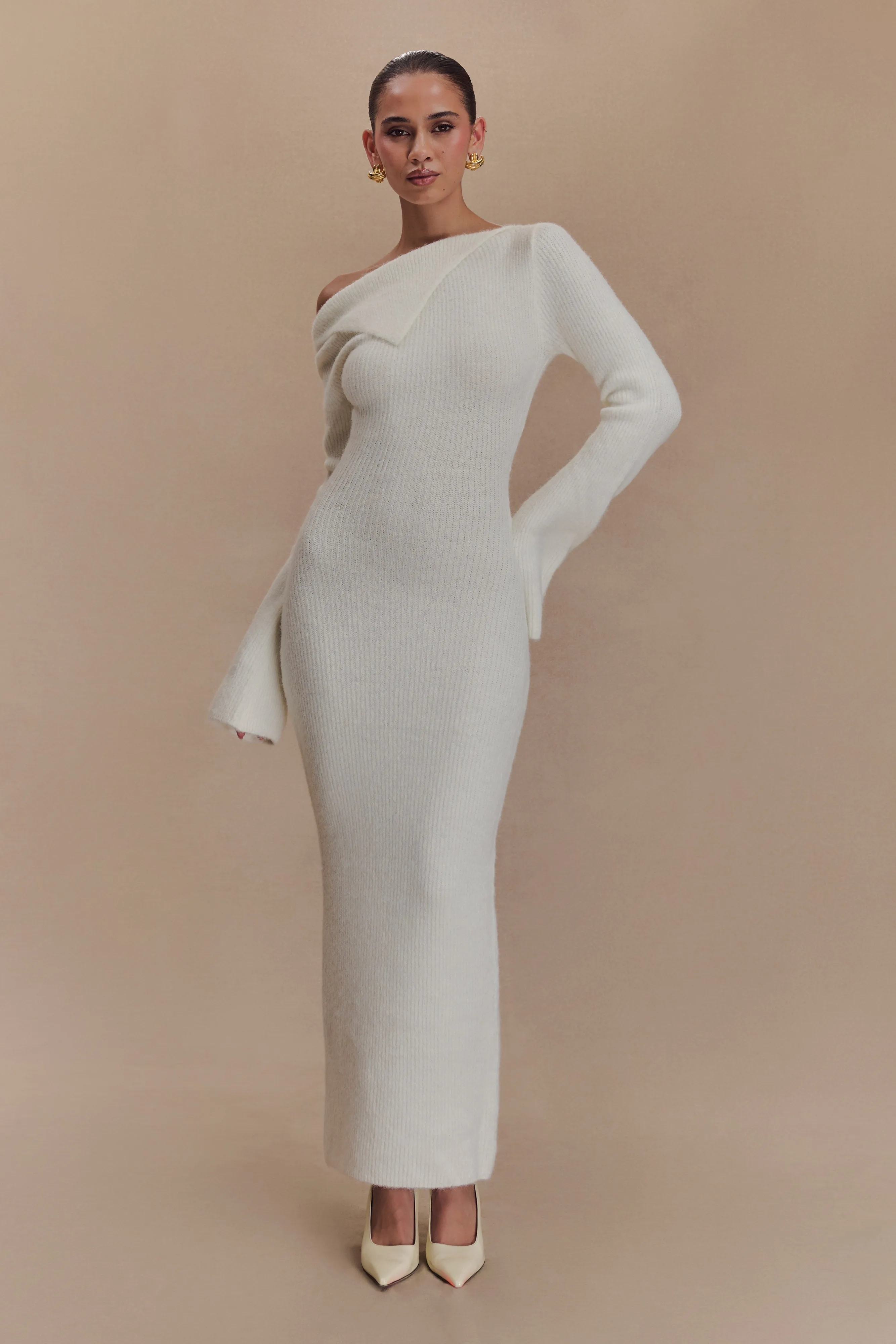 Magenta One Shoulder Fluffy Knit Midi Dress - Ivory sold by Meshki