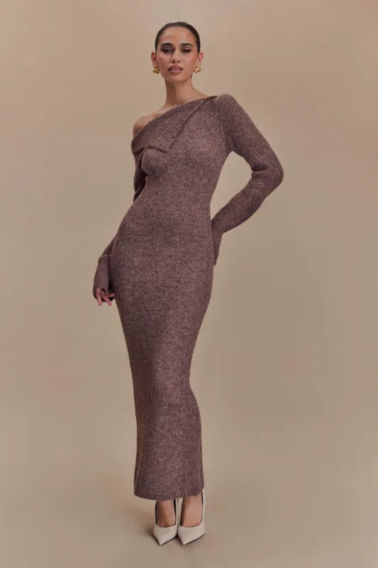 Magenta One Shoulder Fluffy Knit Midi Dress - Pecan sold by Meshki