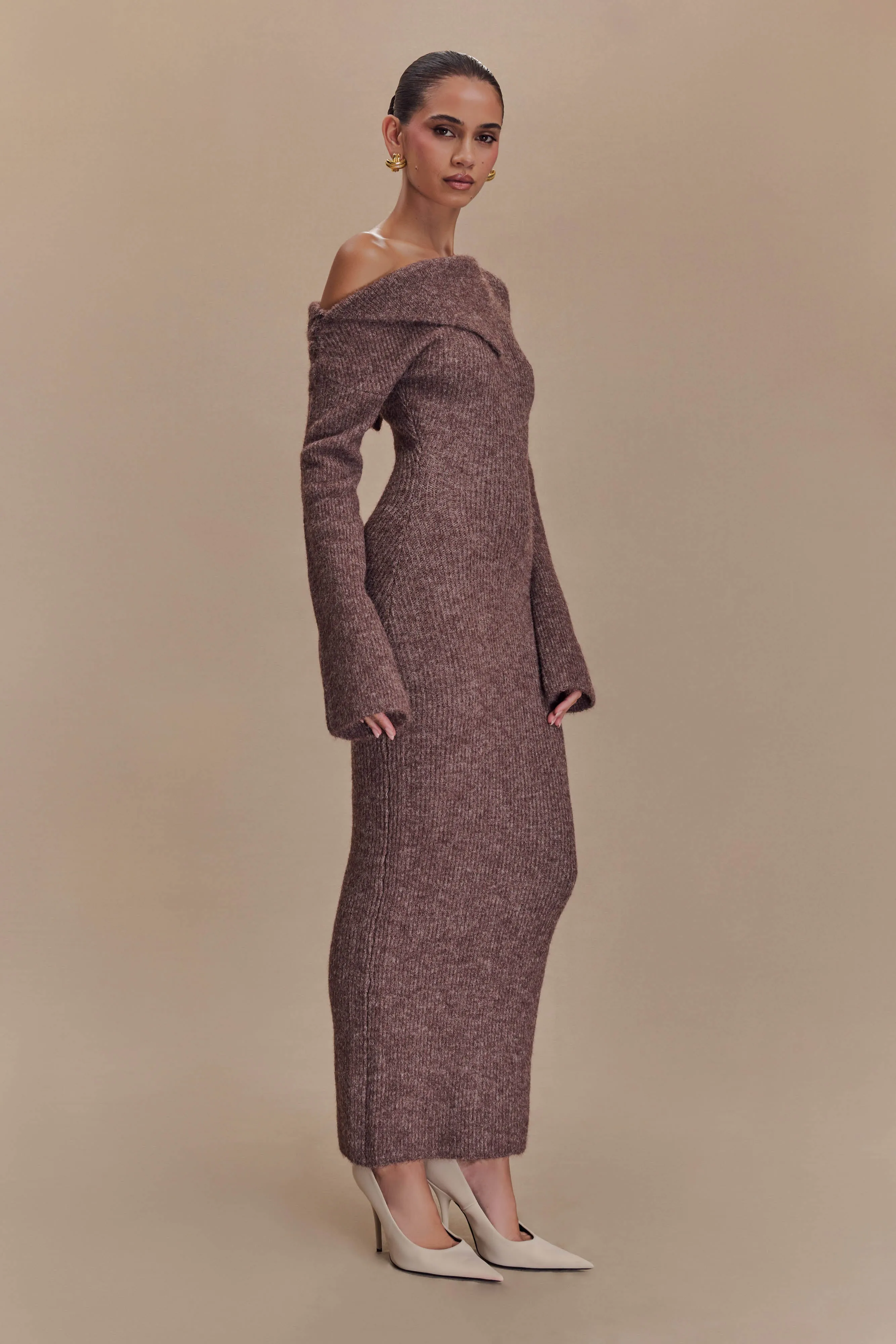 Magenta One Shoulder Fluffy Knit Midi Dress - Pecan sold by Meshki product image thumbnail 5