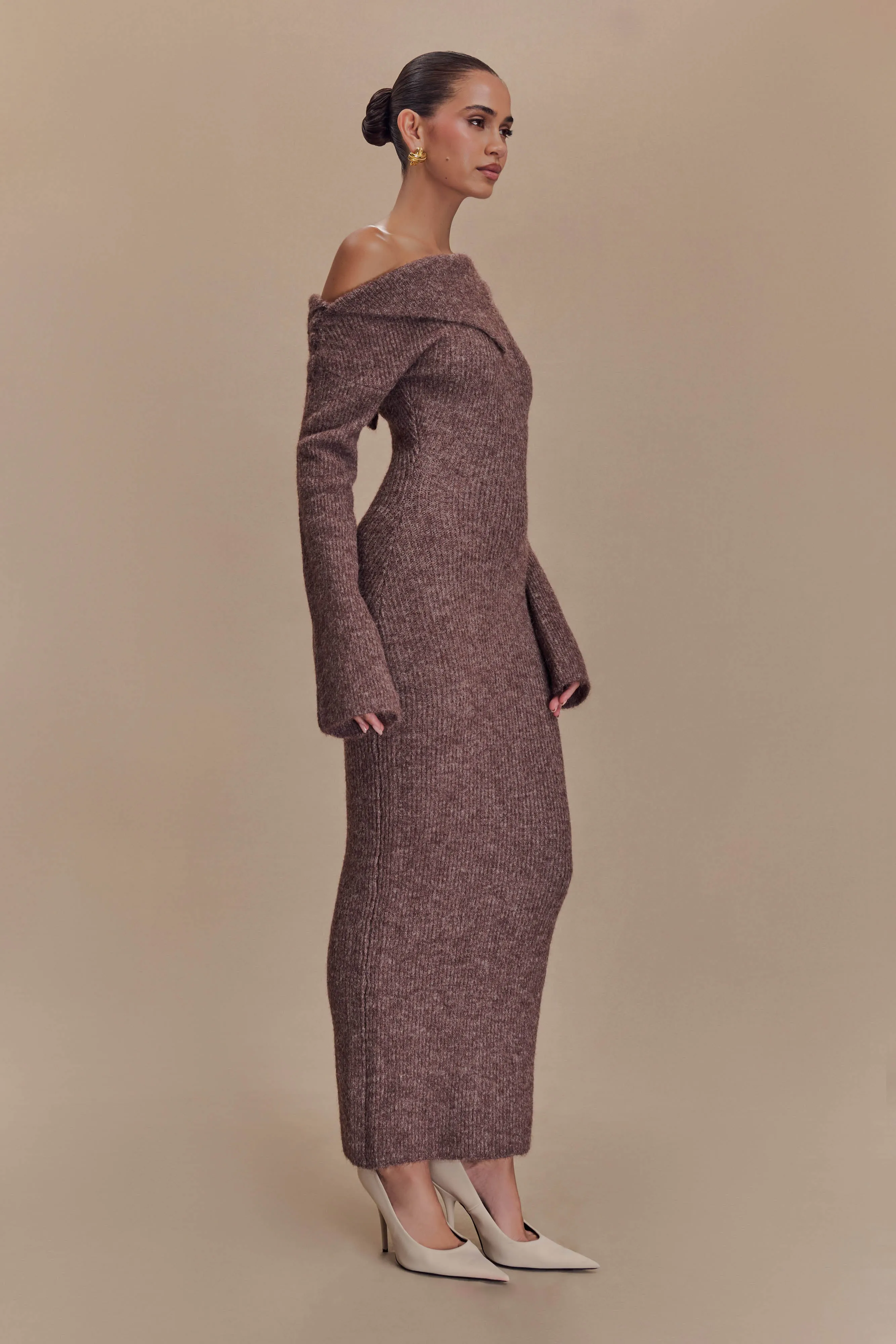 Magenta One Shoulder Fluffy Knit Midi Dress - Pecan sold by Meshki product image thumbnail 4