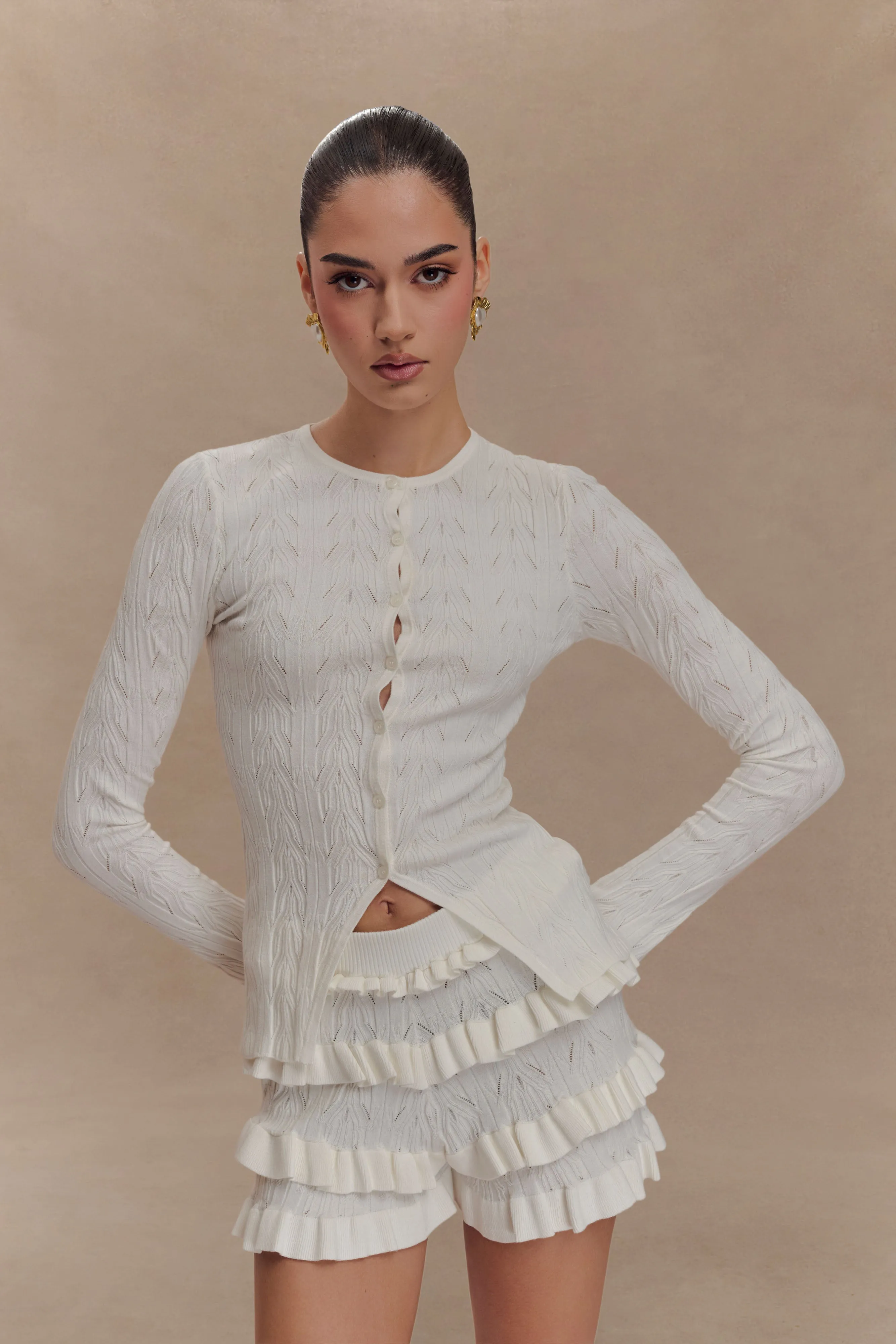 Amy Pointelle Bell Sleeve Cardigan - Ivory sold by Meshki product image thumbnail 5