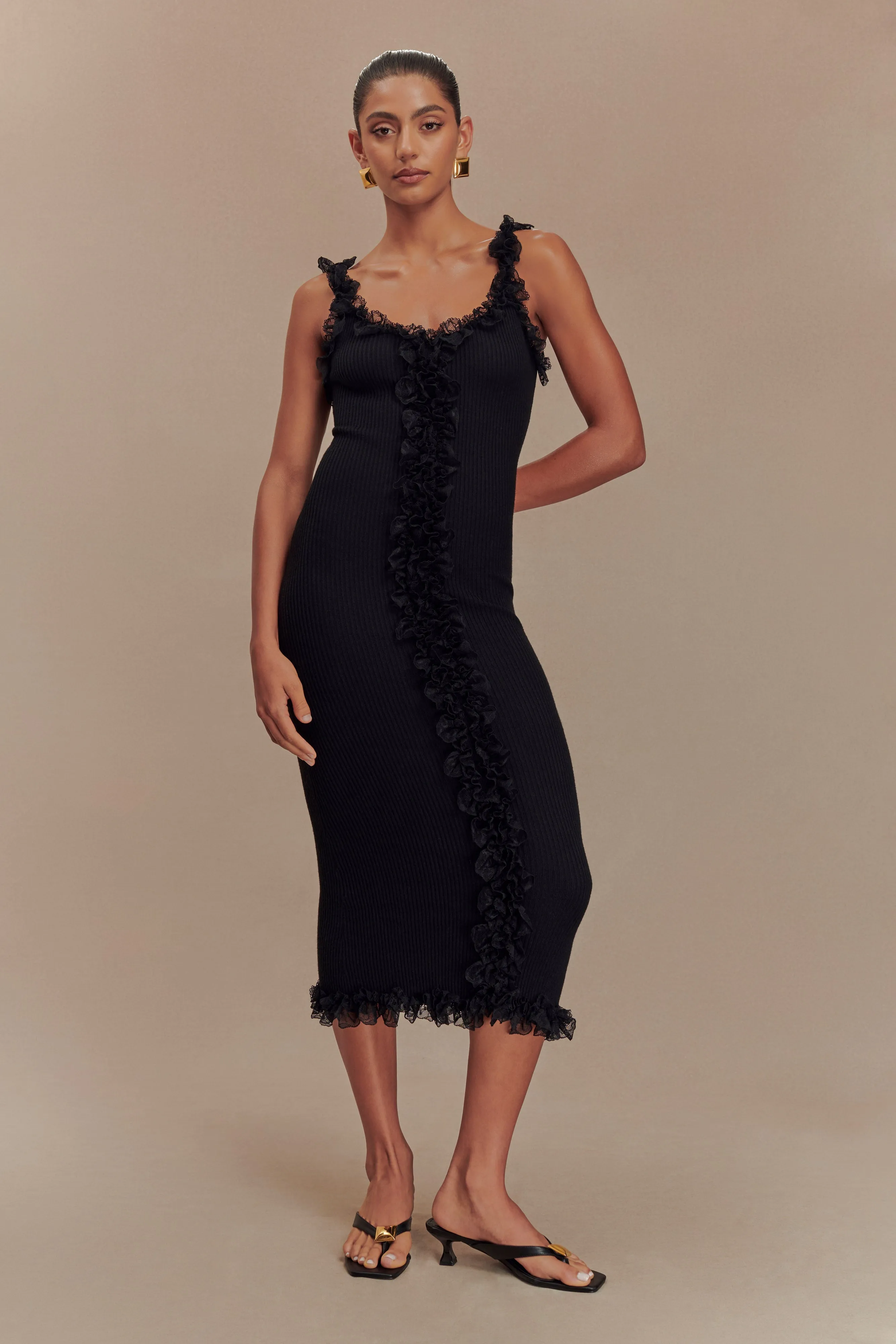 Shay Lace Ruffle Knit Maxi Dress - Black sold by Meshki