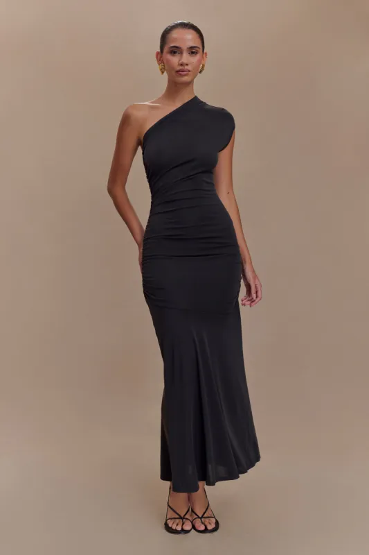 Chloe Peached Jersey One Shoulder Midi Dress - Black sold by Meshki