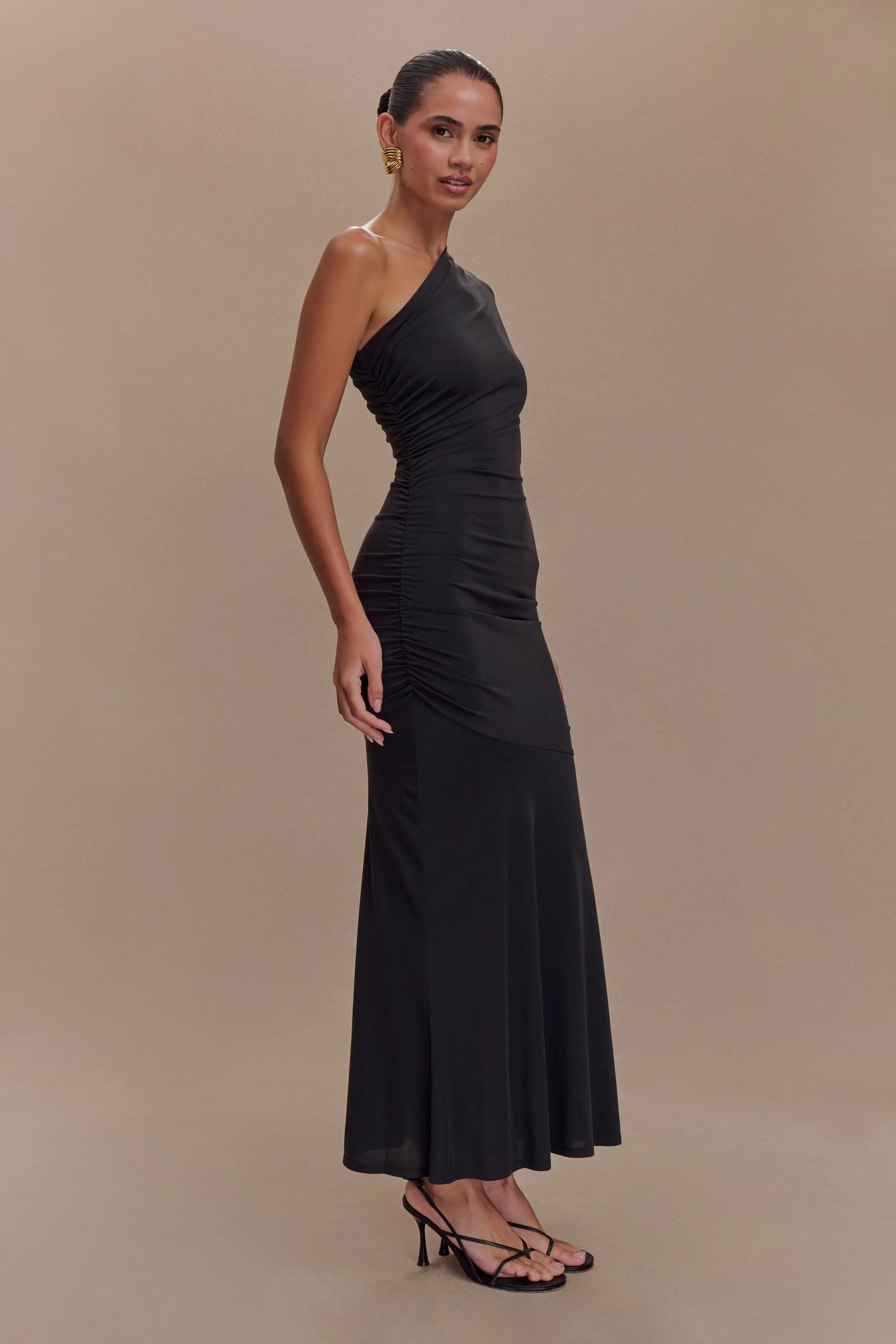 Chloe Peached Jersey One Shoulder Midi Dress - Black sold by Meshki product image thumbnail 4