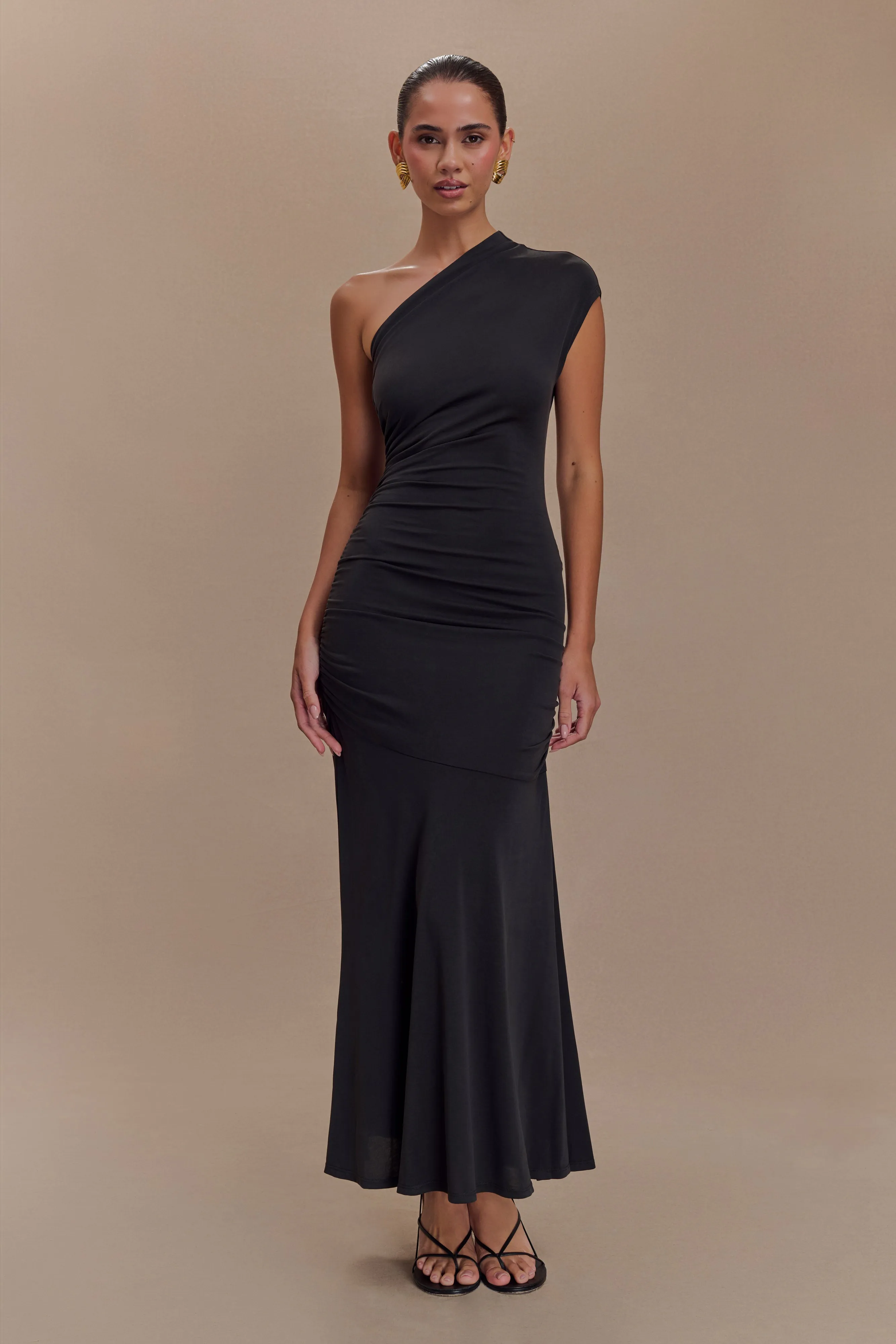 Chloe Peached Jersey One Shoulder Midi Dress - Black sold by Meshki product image thumbnail 5