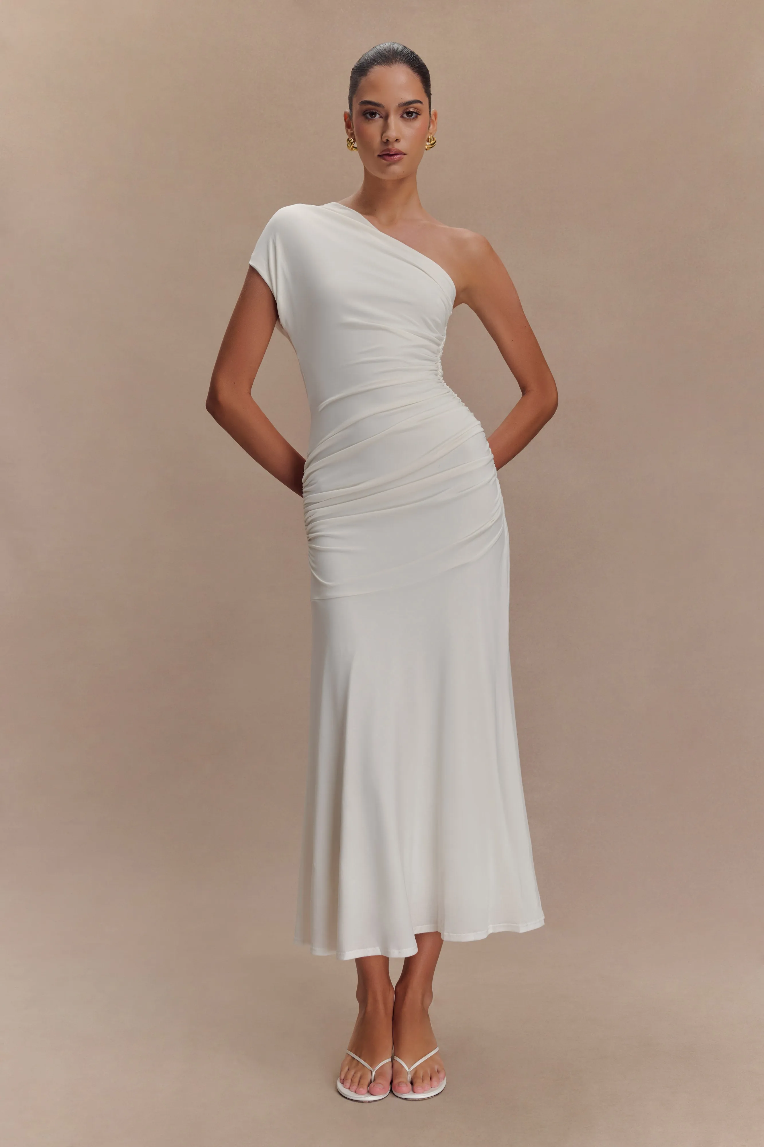 Chloe Peached Jersey One Shoulder Midi Dress - Ivory sold by Meshki