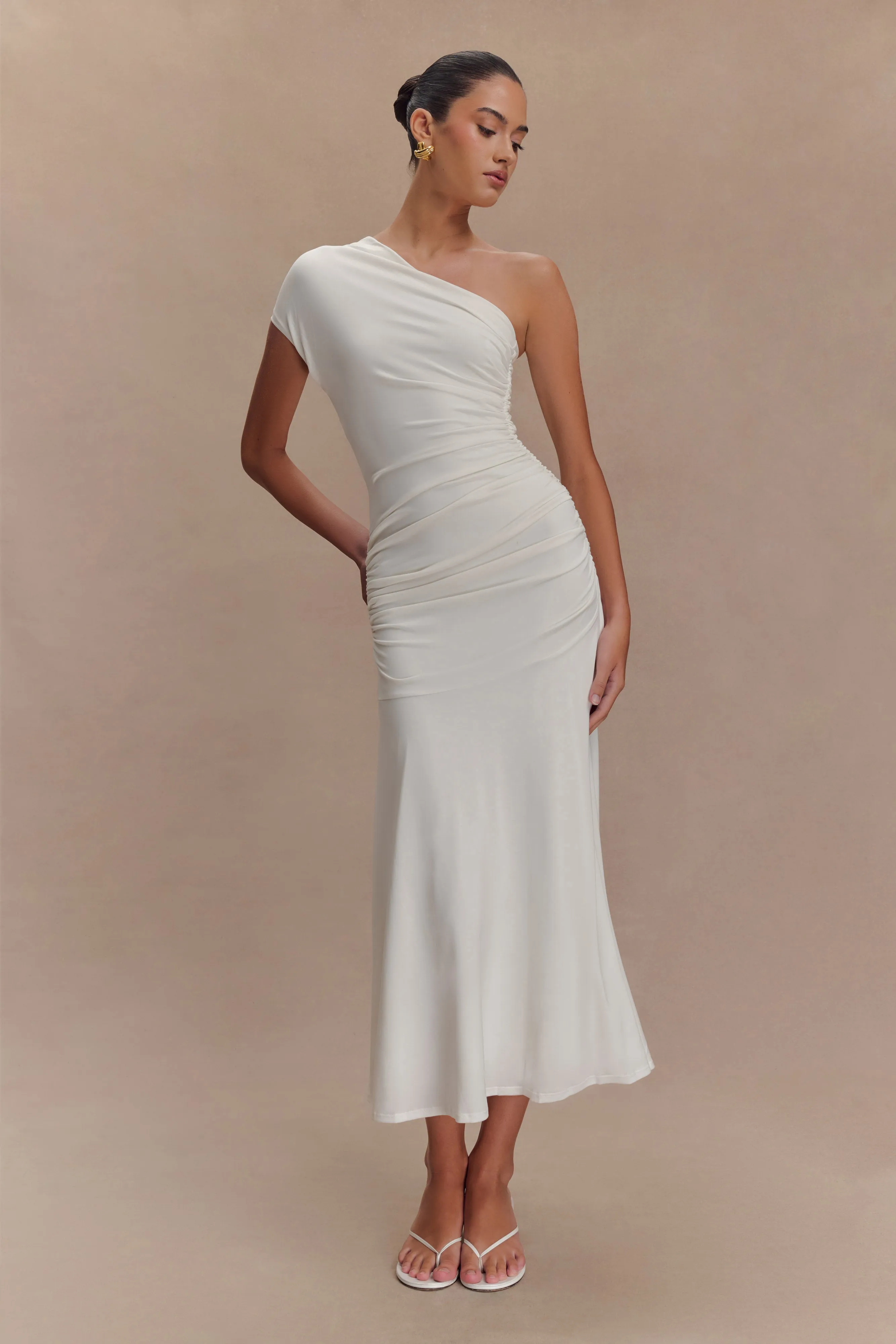 Meshki Chloe Peached Jersey One Shoulder Midi Dress - Ivory