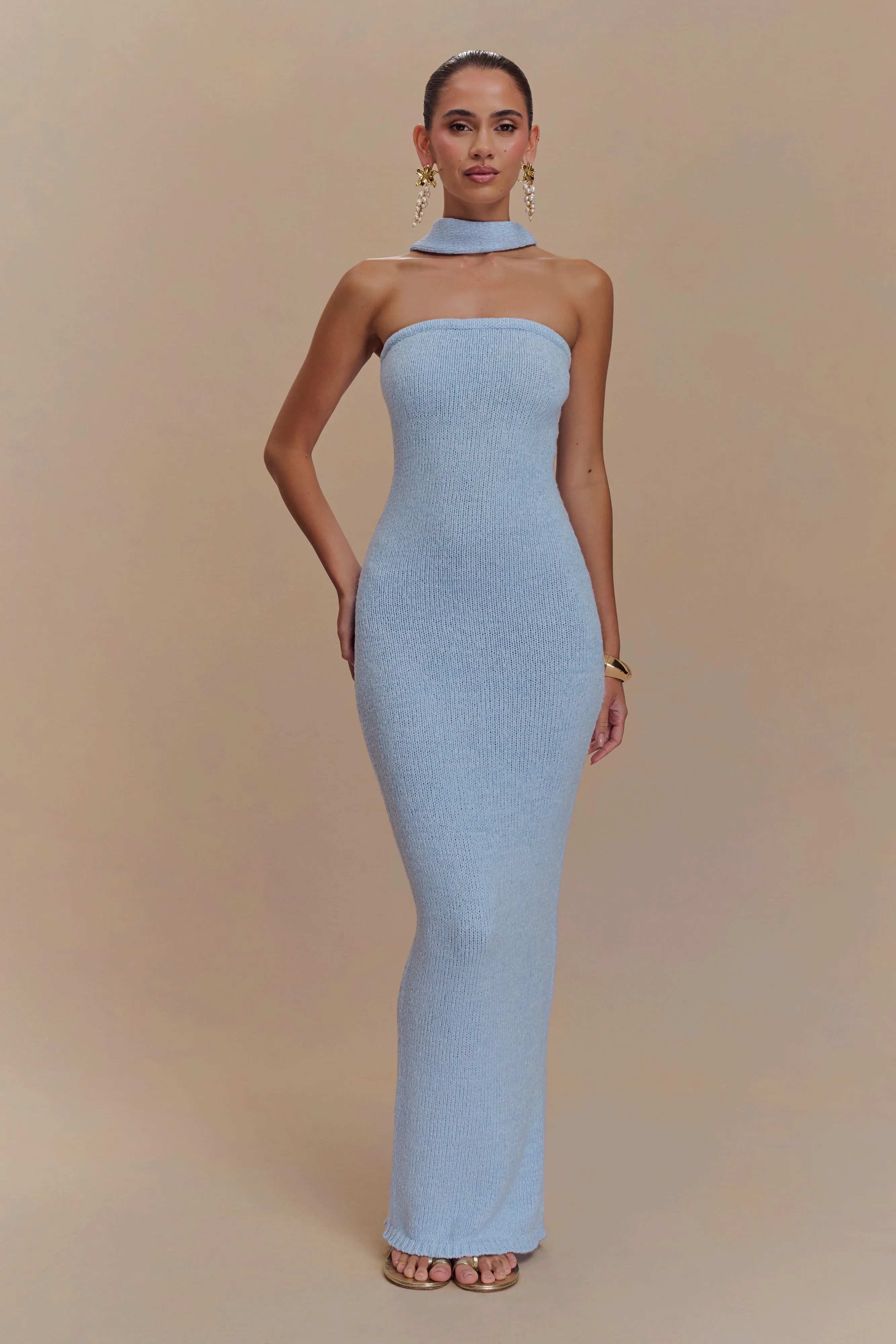 Andrea Strapless Knit Maxi Dress - Light Blue sold by Meshki