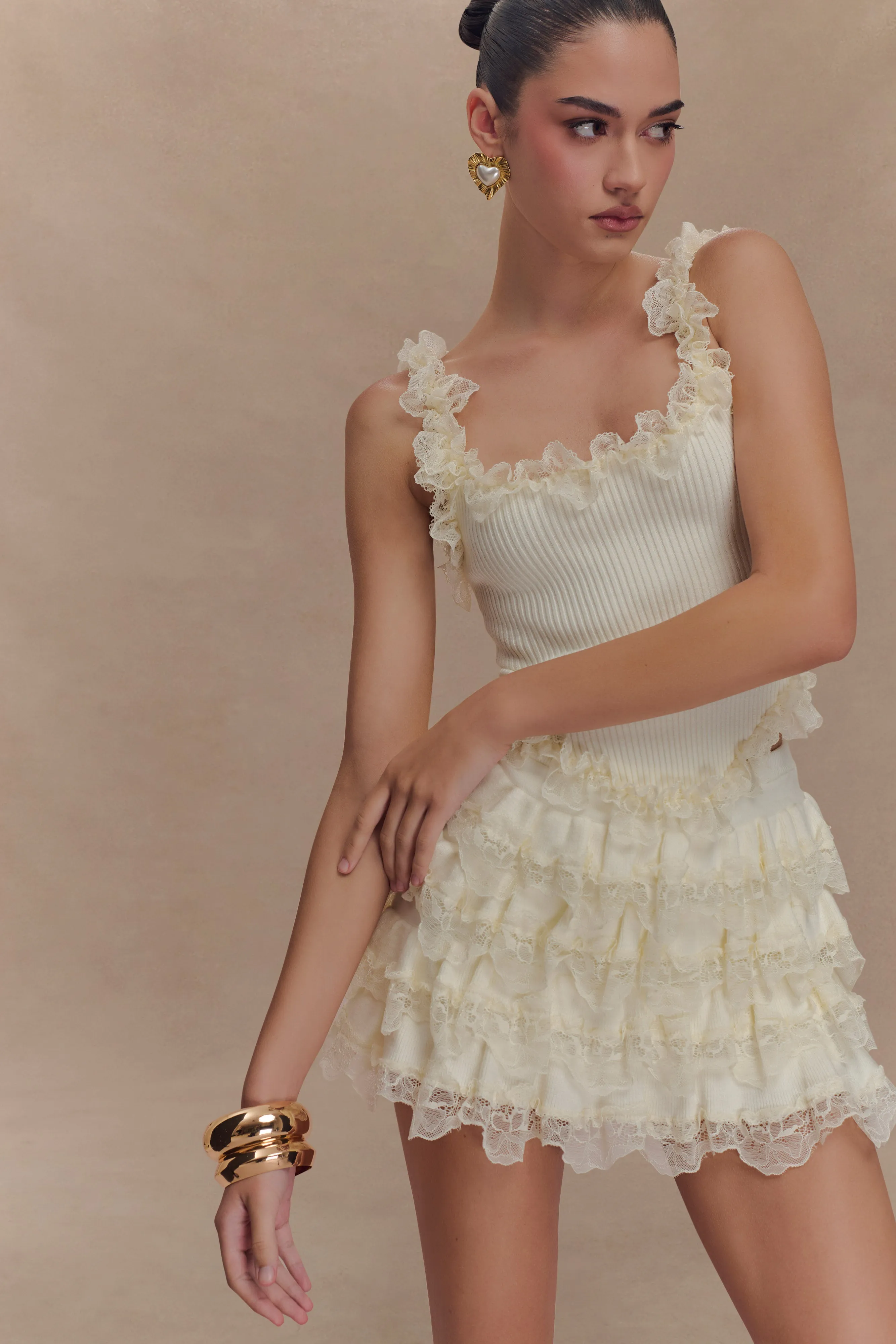 Margaret Lace Ruffle Mini Skort - Cream sold by Meshki product image thumbnail 3