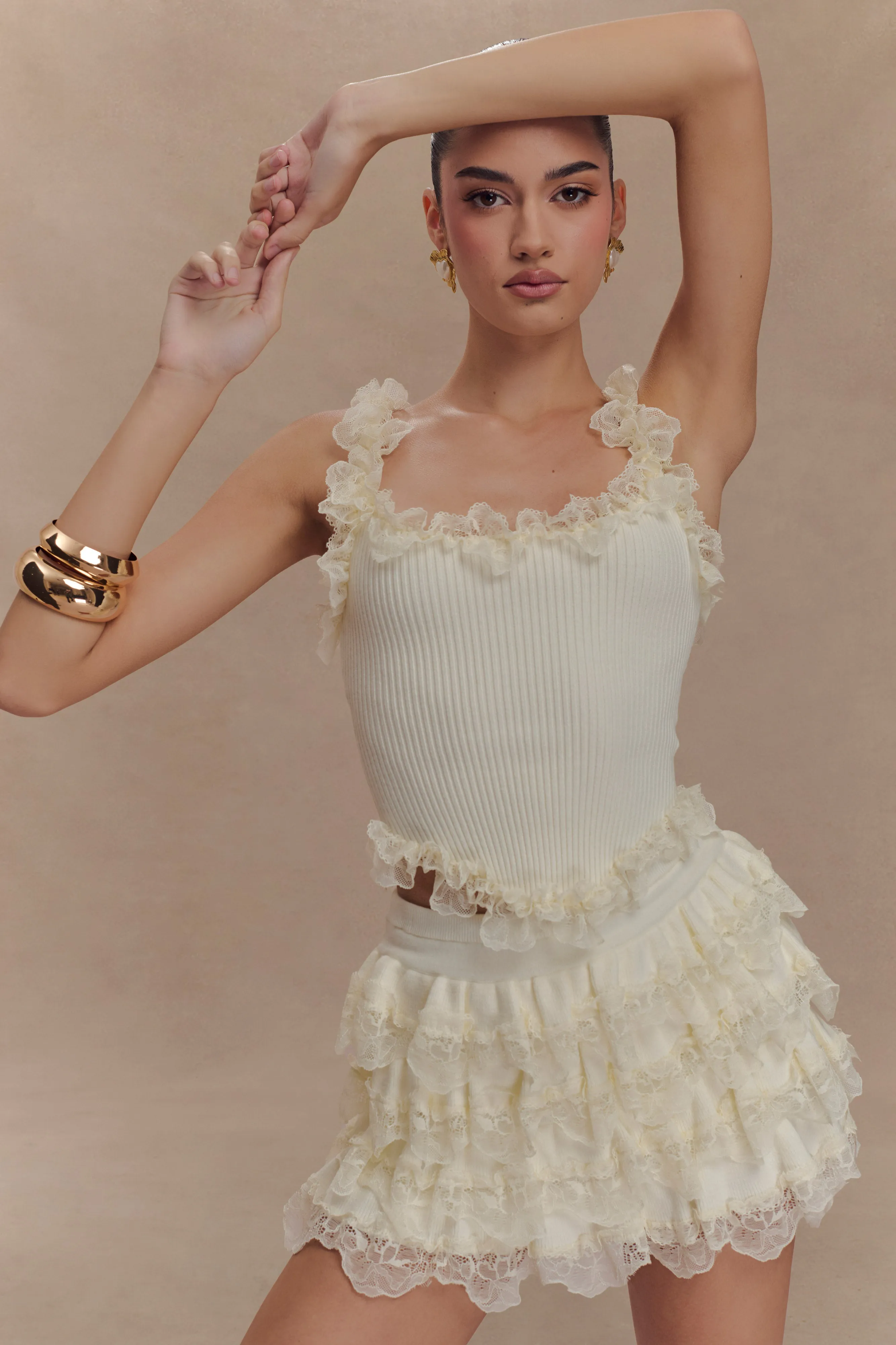 Shay Lace Ruffle Knit Top - Cream sold by Meshki product image thumbnail 3