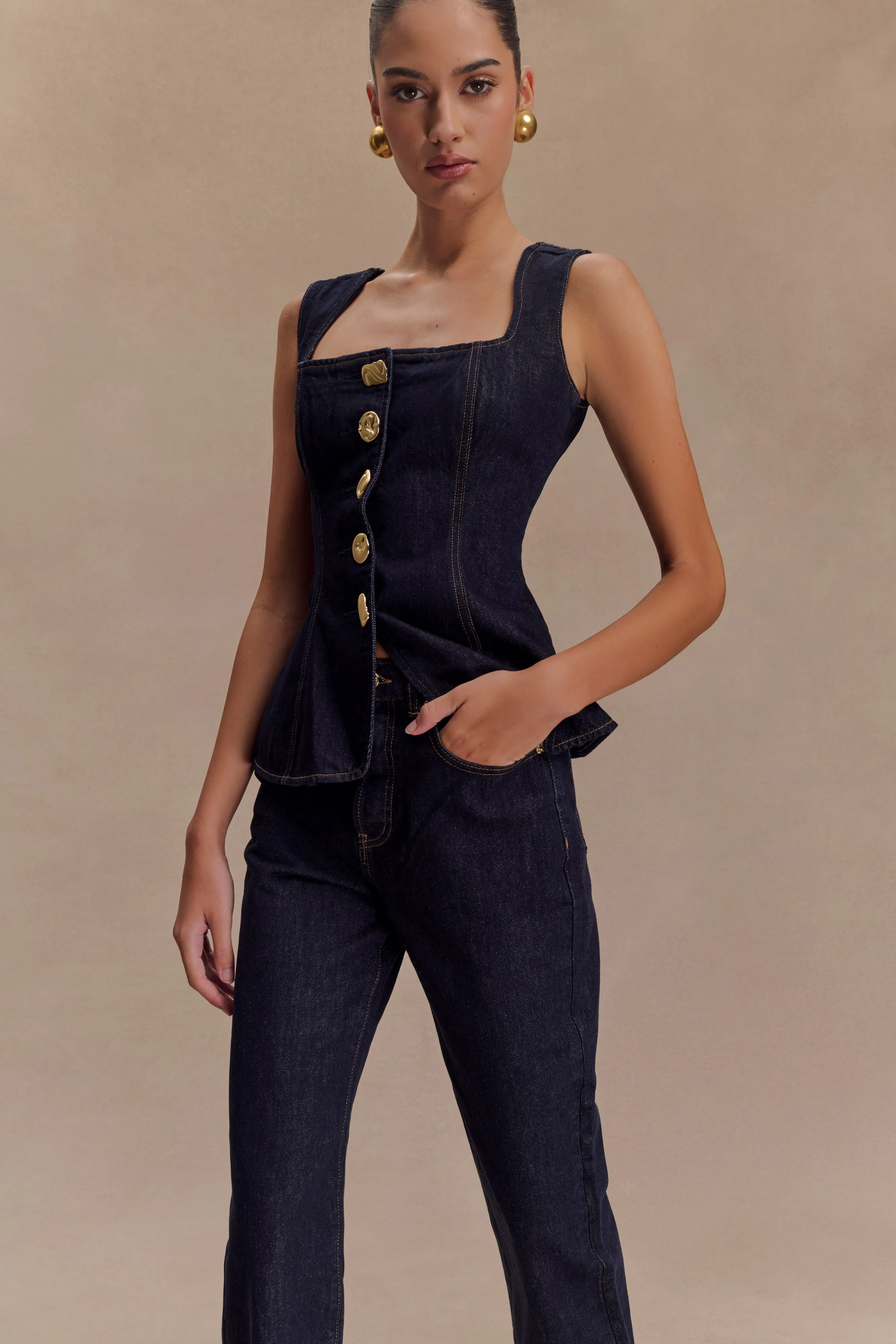 Neve Sleeveless Buttoned Denim Top - Washed Indigo Blue sold by Meshki product image thumbnail 4